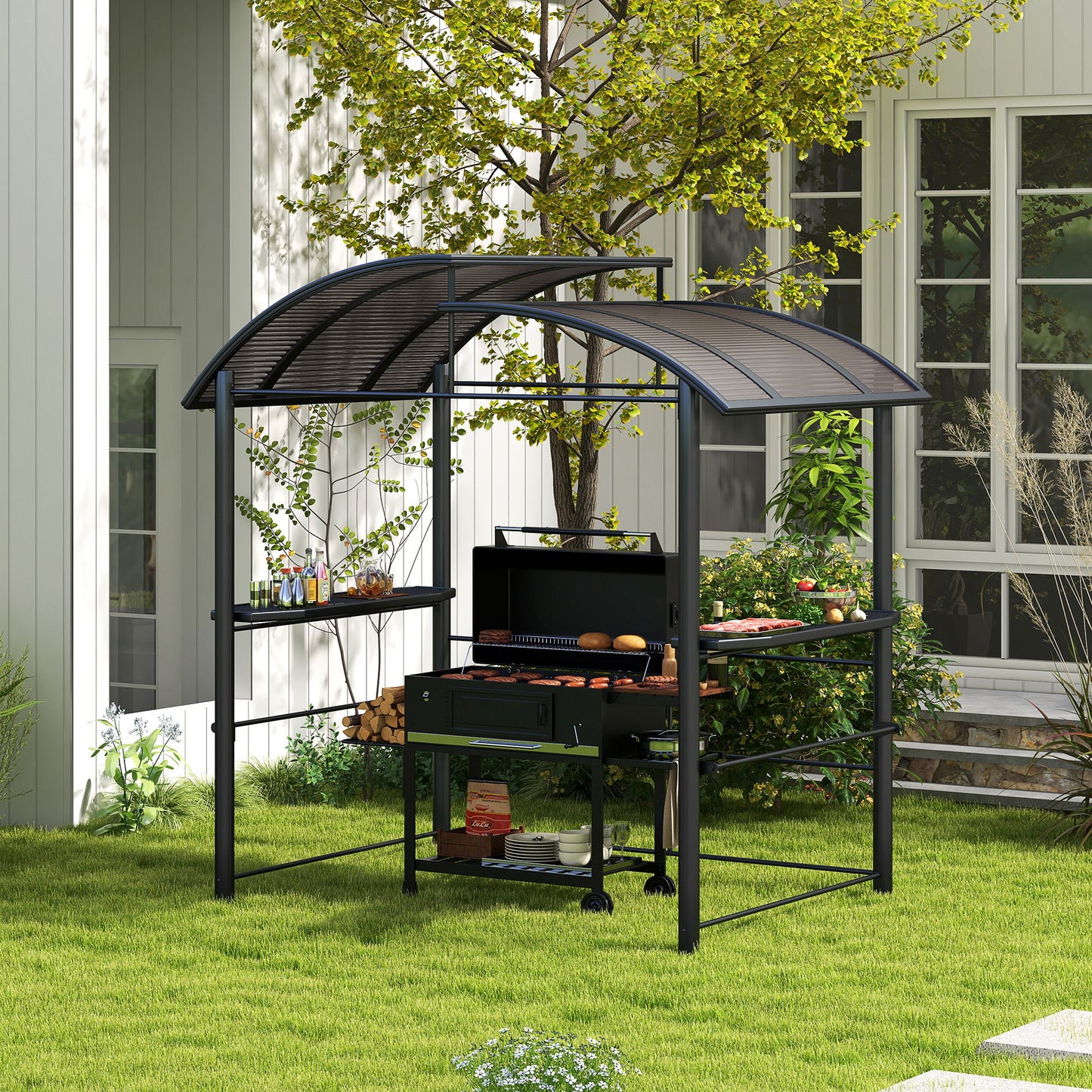 2.4 x 1.5m Outdoor Grill Gazebo with Side Shelves, PC Board Roof