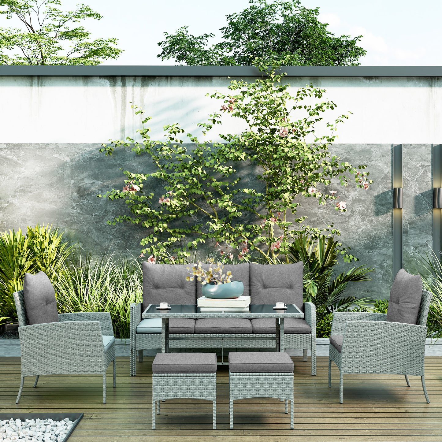 5 Seater Rattan Garden Furniture Set, 6 Piece Garden Sofa Set