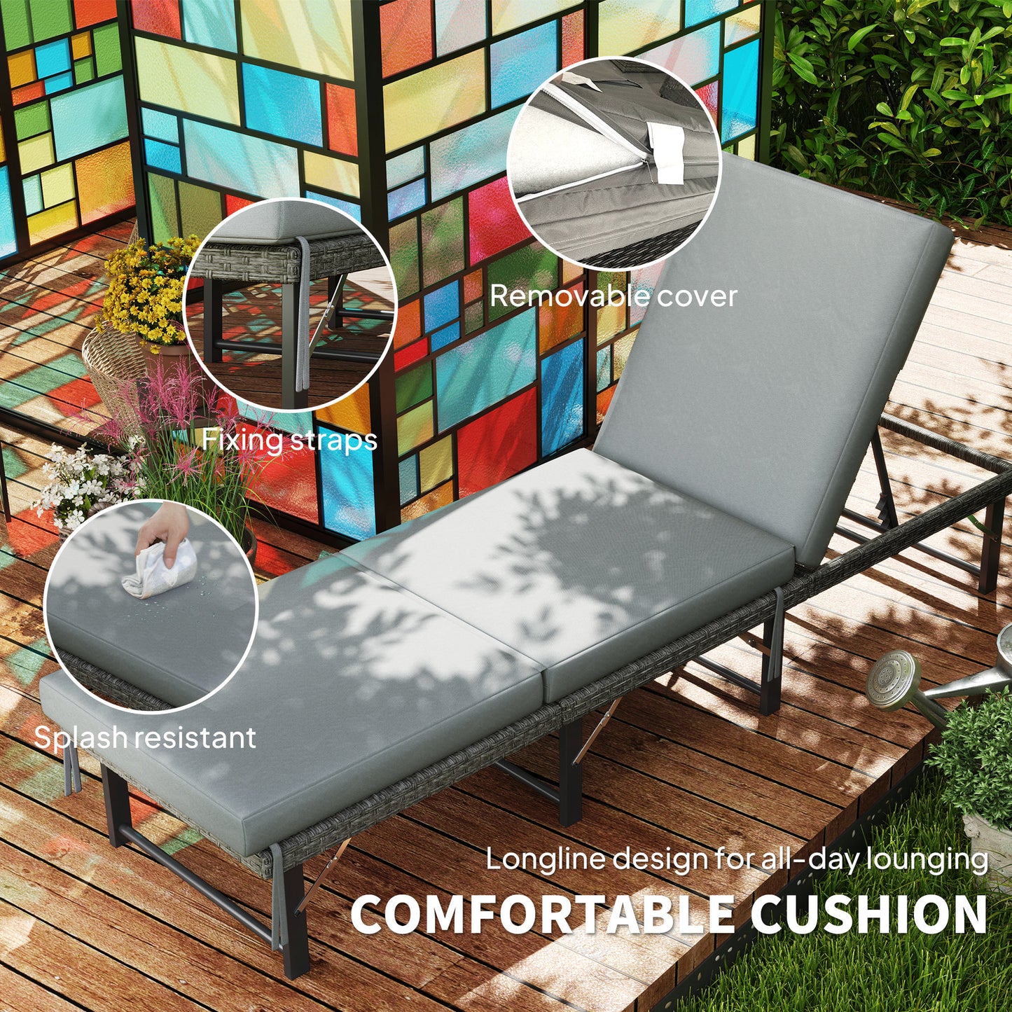 Single Folding Rattan Sun Lounger, with Cushion