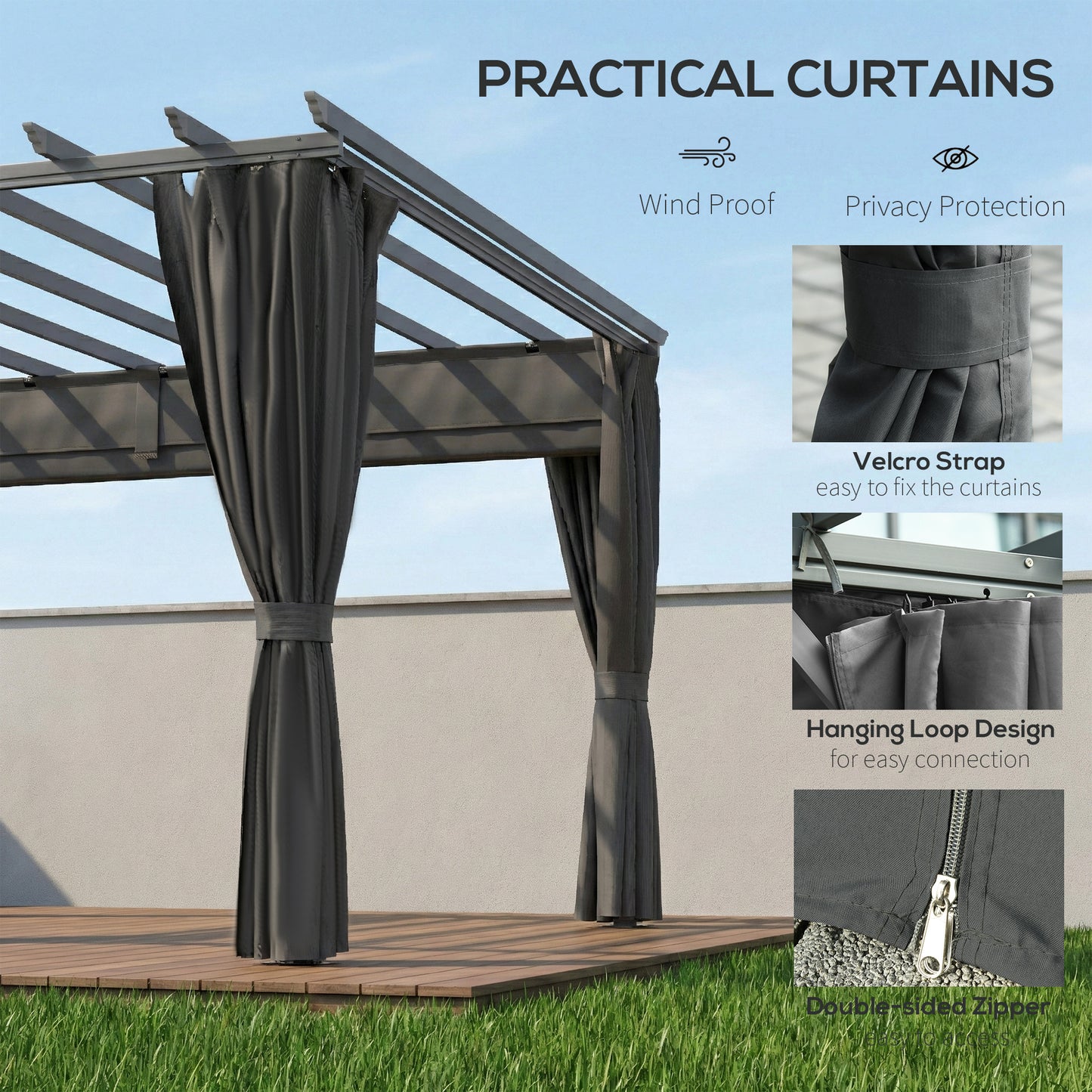 3.6 x 3 m Pergola with Retractable Roof Canopy, Curtains