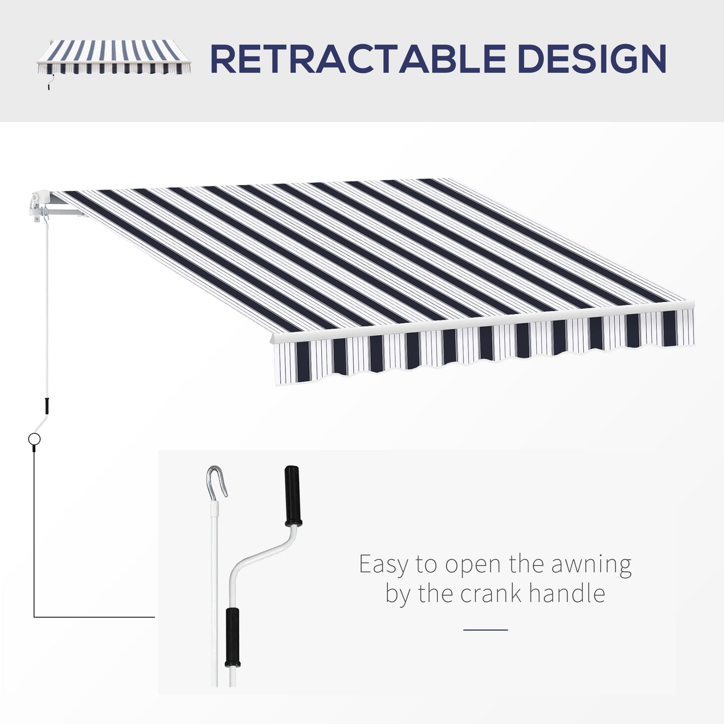 Manual Retractable Awning, 2.5x2 m-Dark Blue/White Stripes