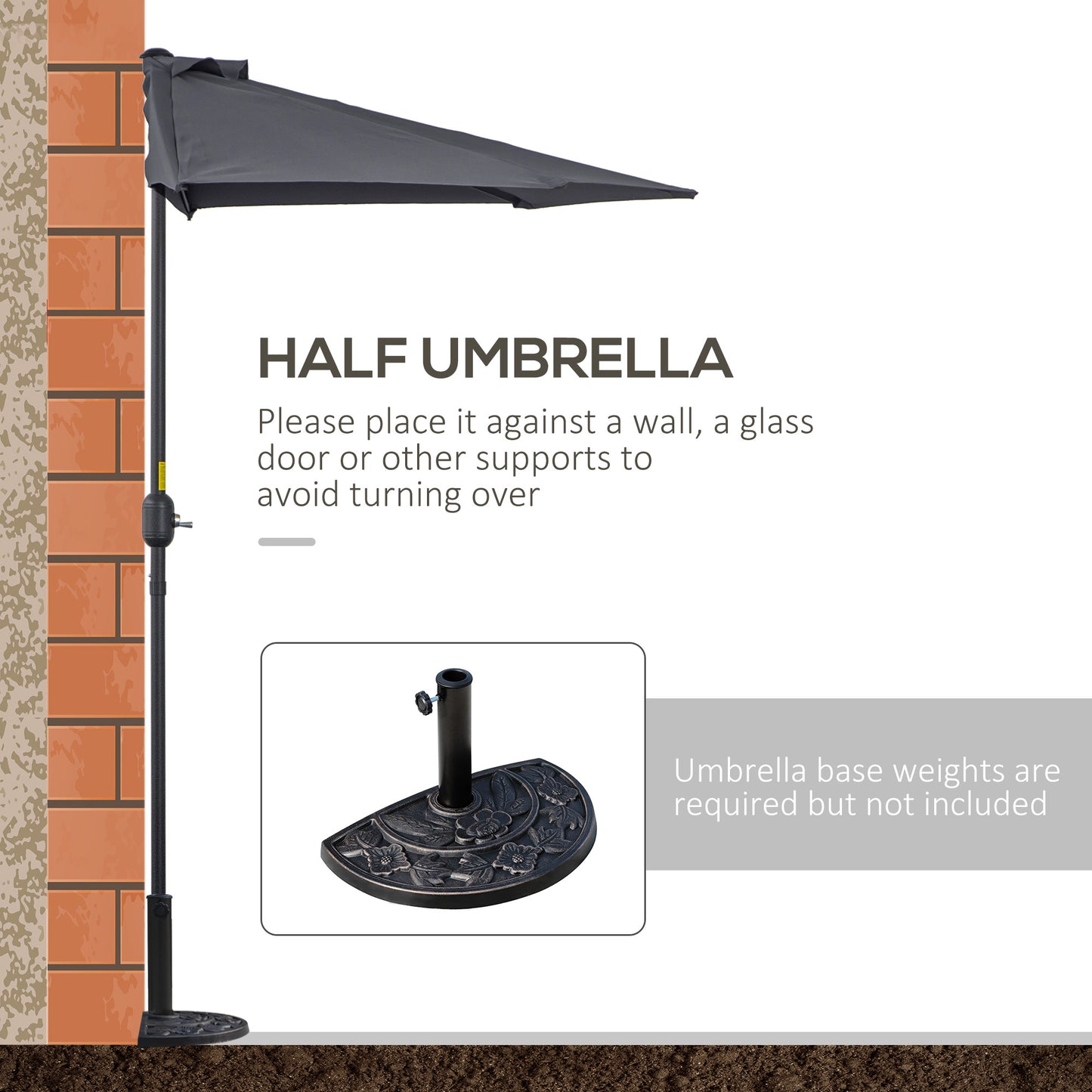 3(m) Half Parasol Semi Round Umbrella Patio Metal Frame Crank Handle