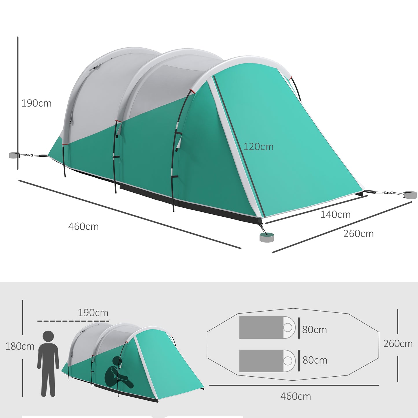 Three-Man, 3000mm Water-Resistant Two-Room Tunnel Tent