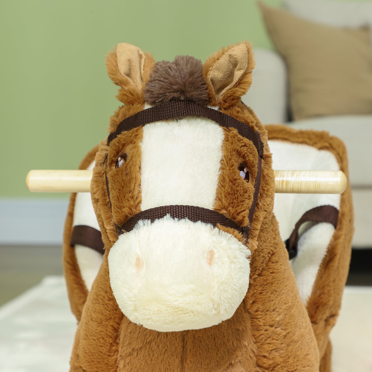 Kids Rocking Horse, Plush Ride on Horse, with Sound, Wood Base