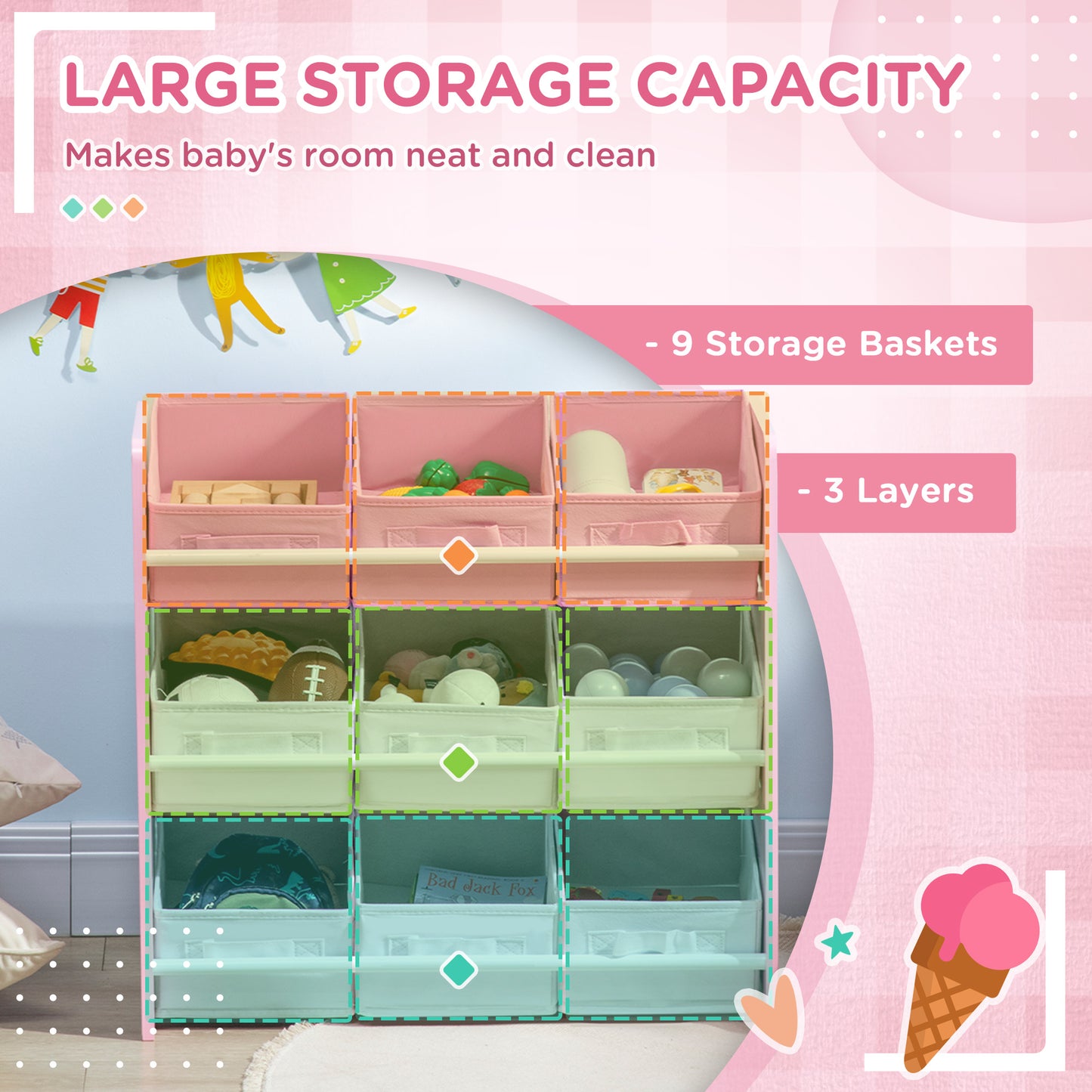 Kids Storage Rack, with Nine Removable Baskets, for Nursery, Bedroom