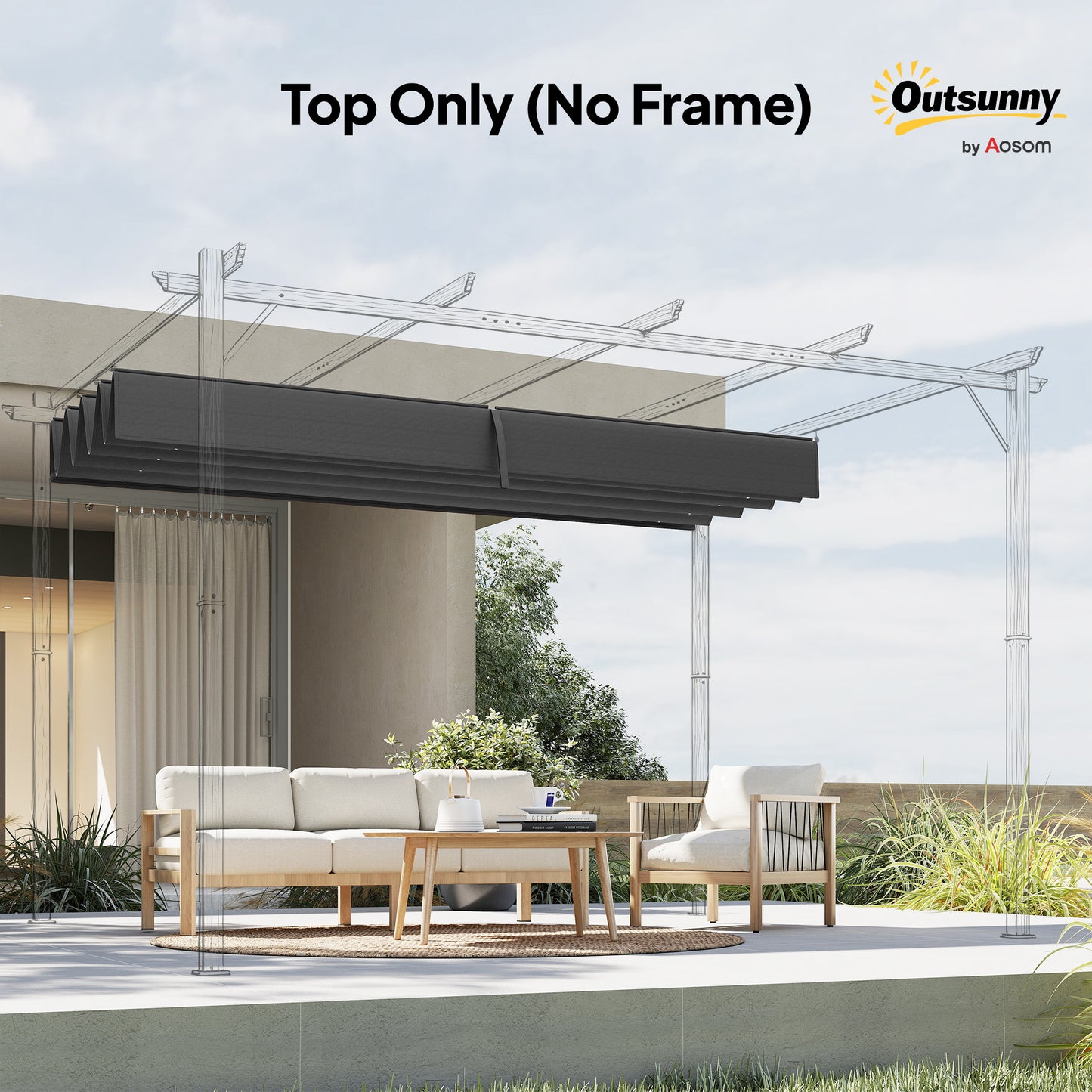 Pergola Cover Roof, 2.86 x 2.45 m Retractable Sun Shade Top