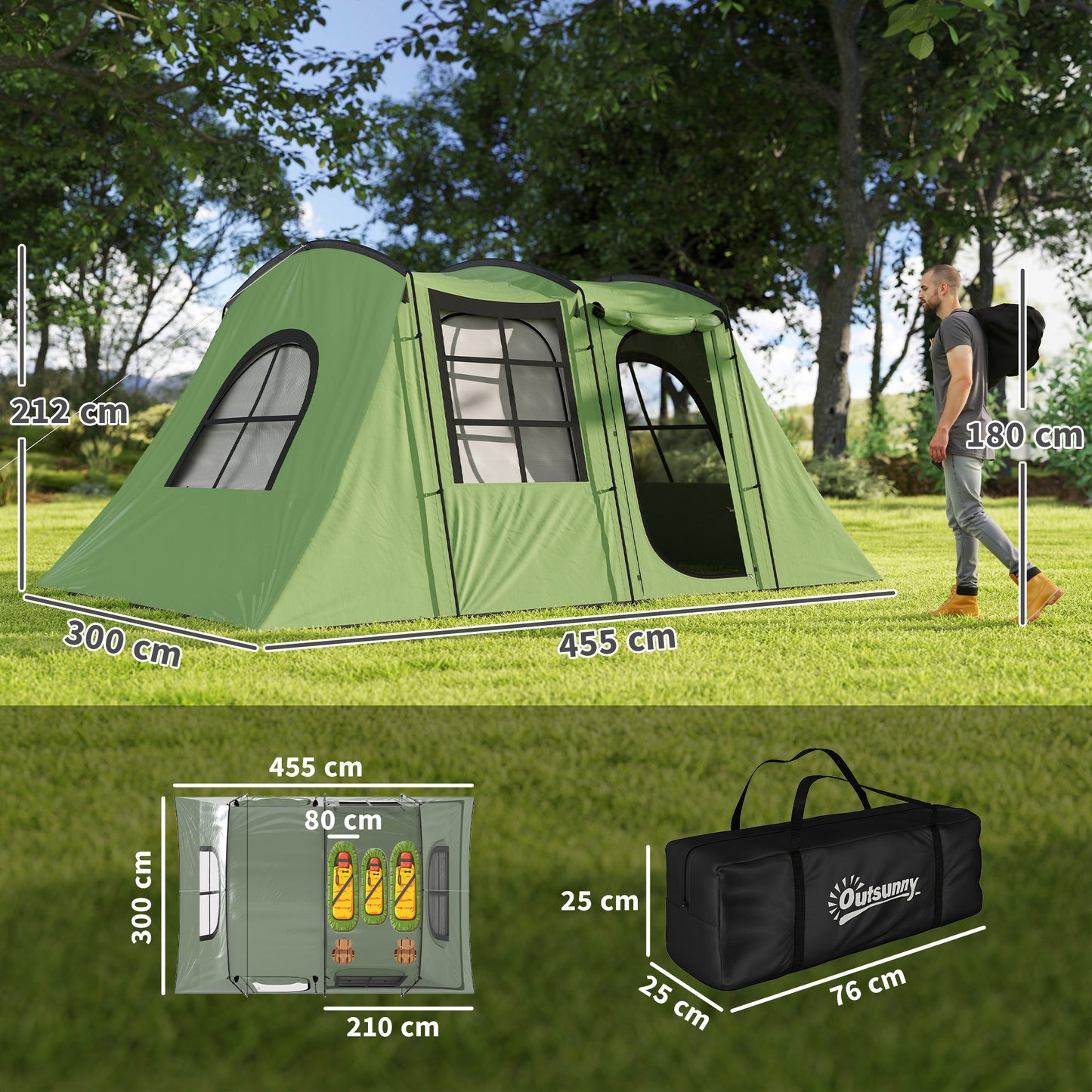 4 Man Tunnel Tent, Family Camping Tent with Porch