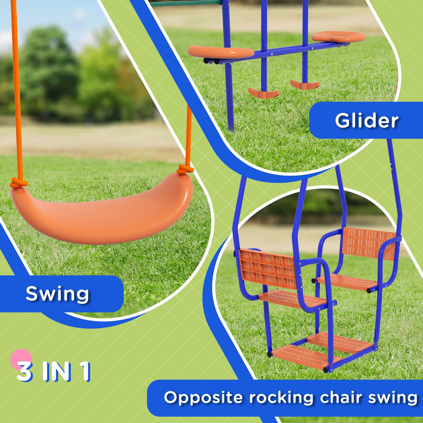 Three-In-One Kids Metal Swing Set with Swing, Glider