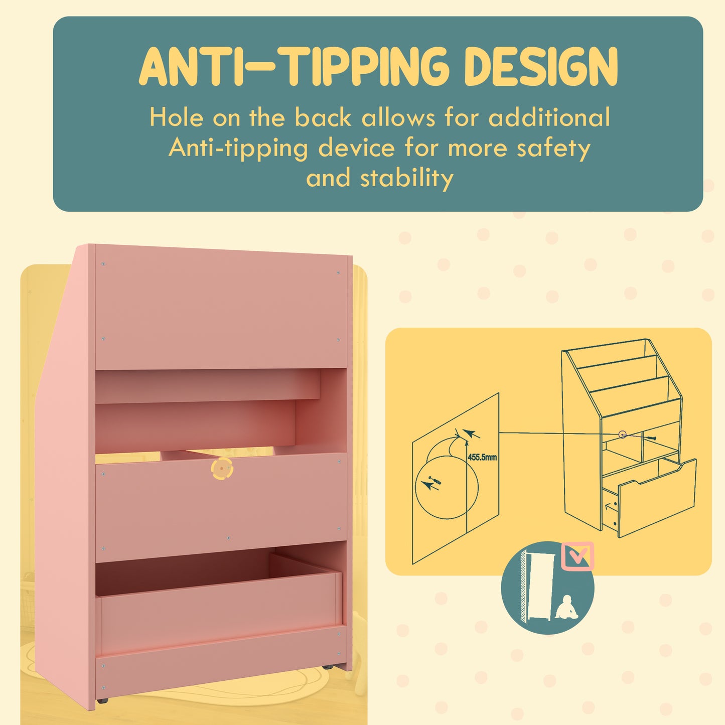 Kids Bookshelf, Toy Organiser, with Storage Drawer, Wheels