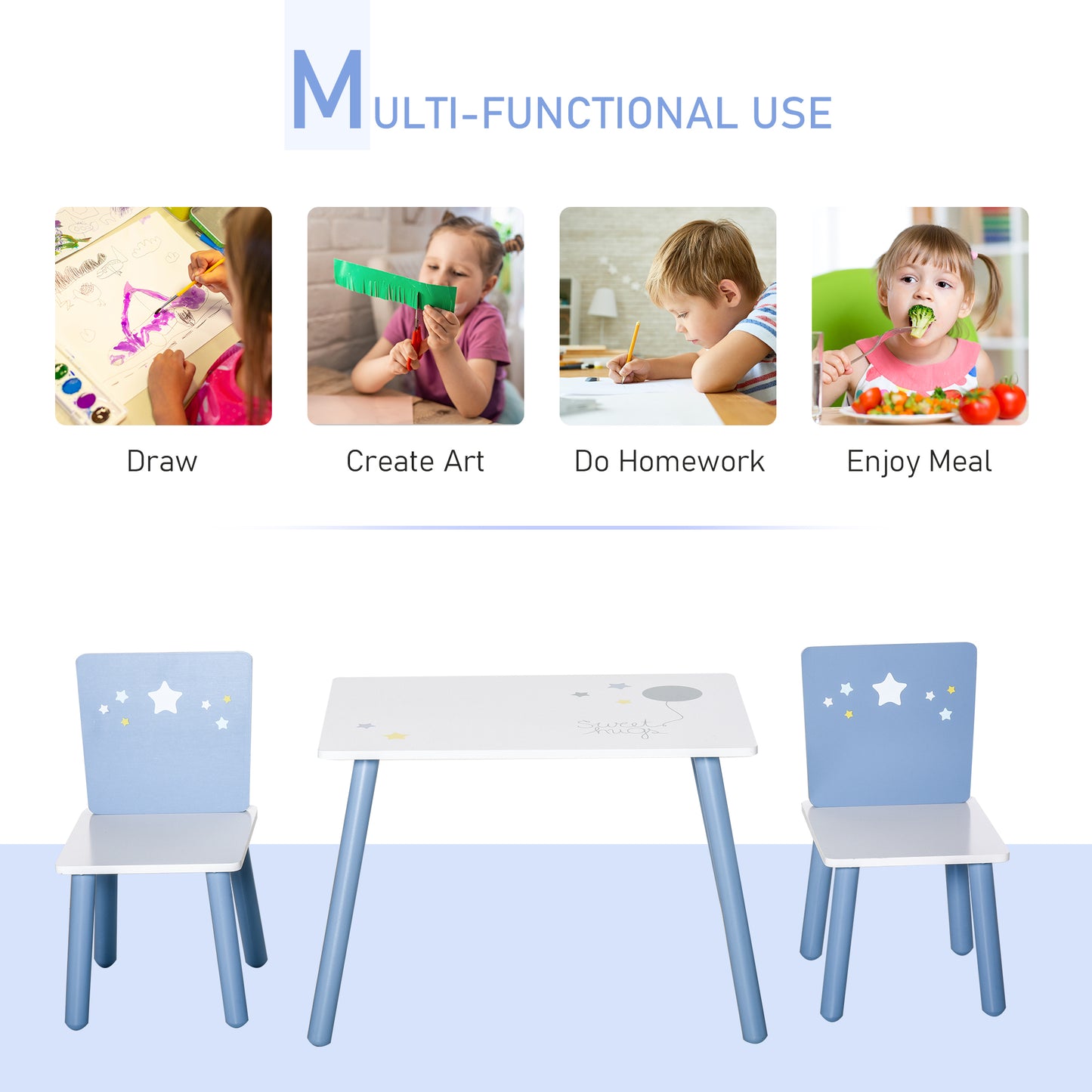 3 Pcs Kids Table & Chairs Set w/ Wood Legs Safe Corners Cute Stars