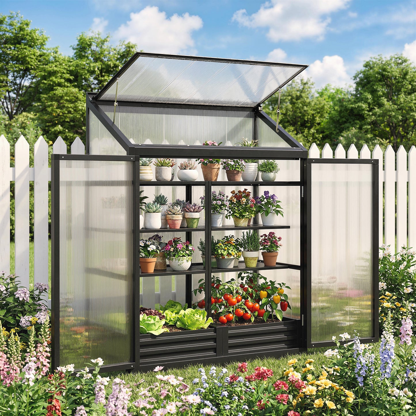 Polycarbonate Greenhouse with Hinged Door, Top Vent