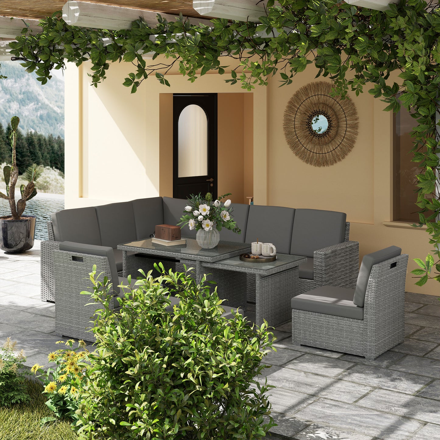 Seven-Piece Rattan Garden Sofa Set, with Expanding Table
