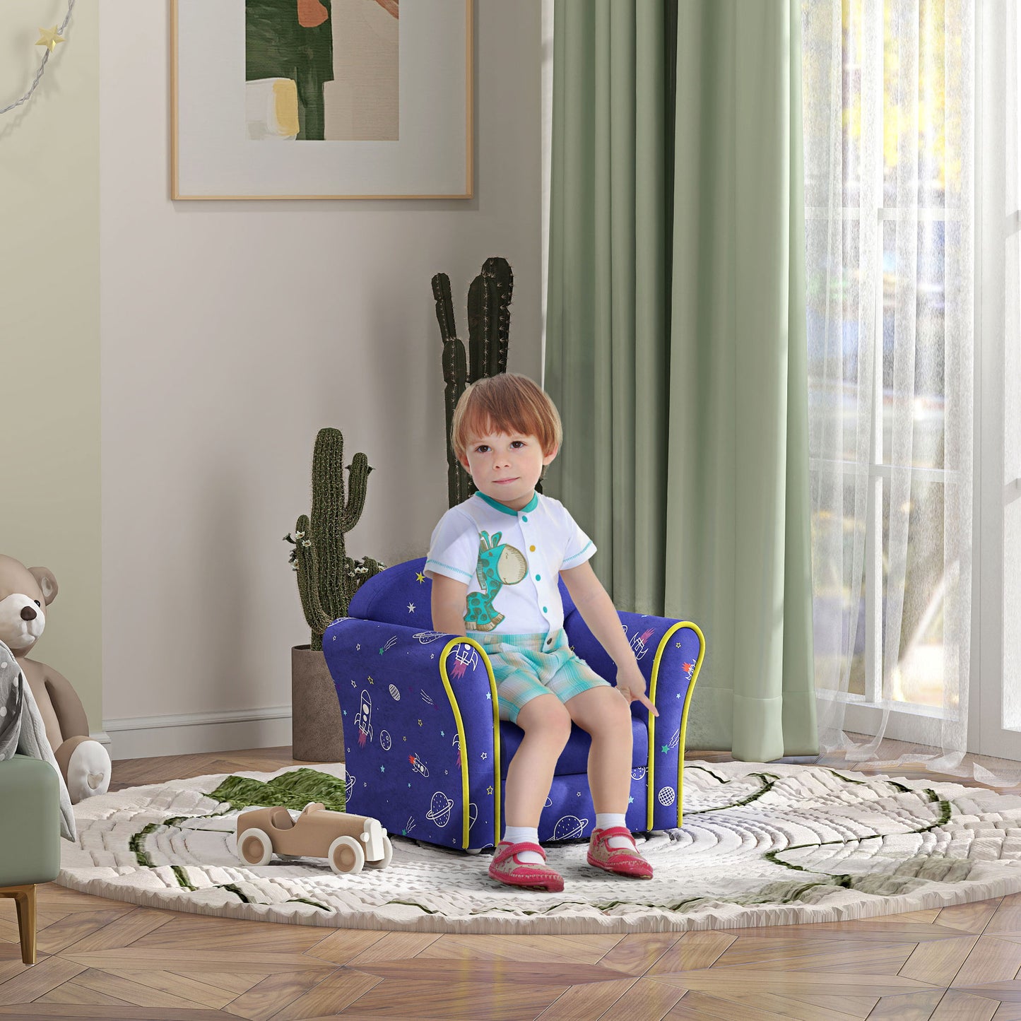 Kids Armchair with Planet Dinosaurs Design, Wooden Frame