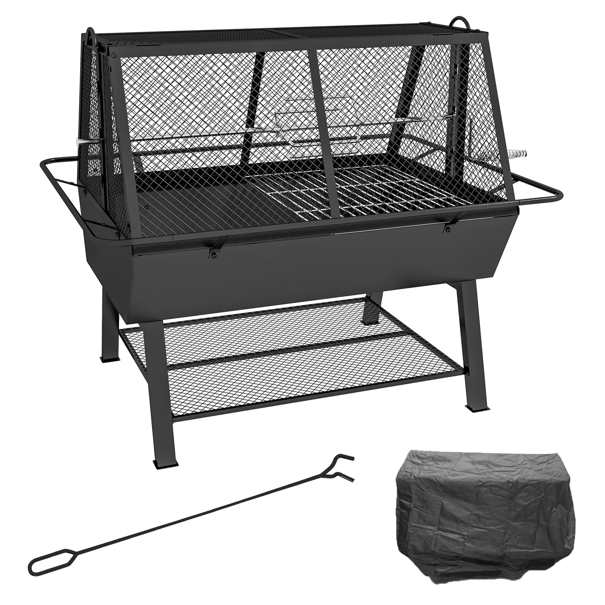 3-in-1 Barbecue Grill, Rotisserie Roaster and Fire Pit, with Cover