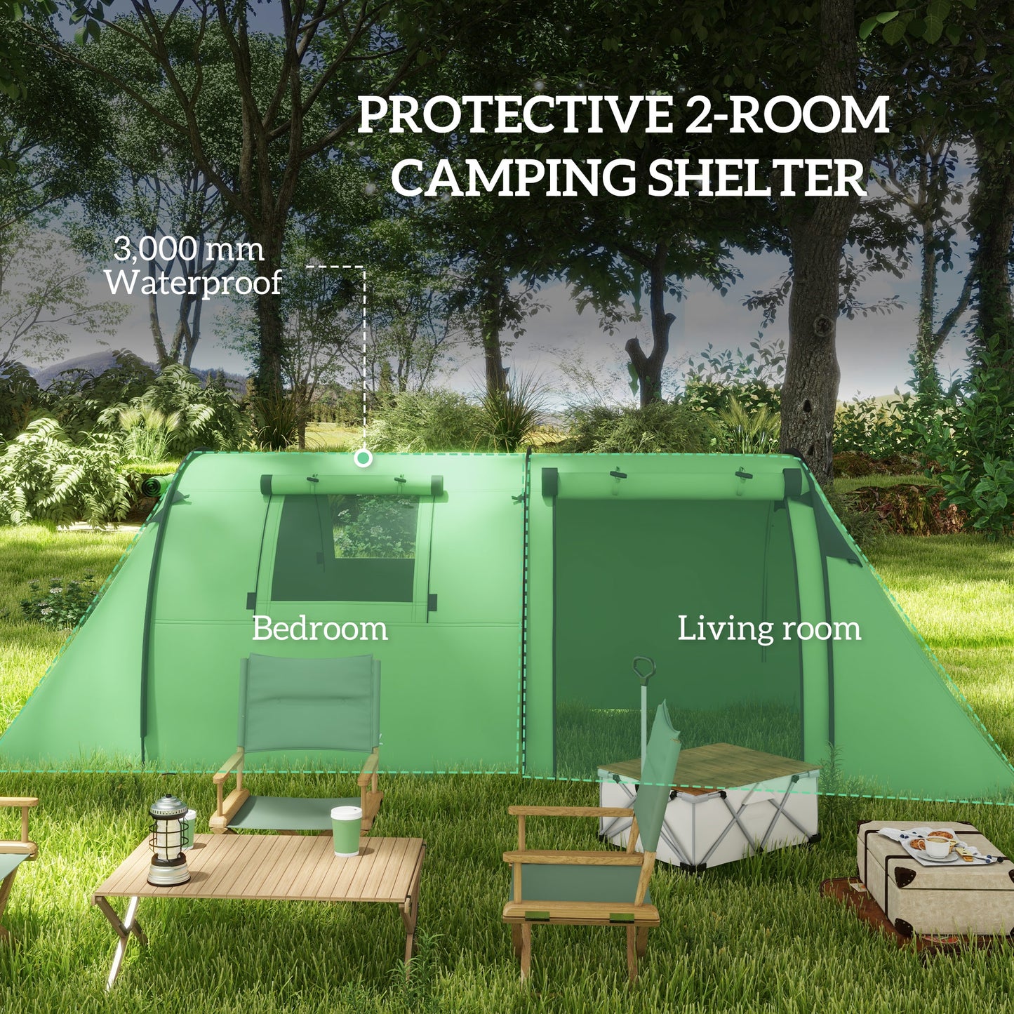 Four Man Duo Room Tunnel Tent, with Accessories