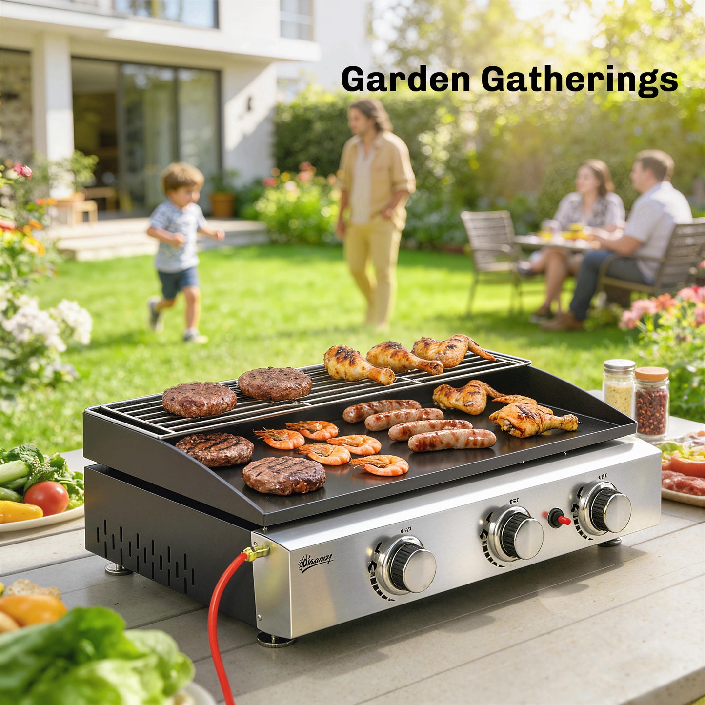 3 Burner Grill Griddle, Portable Gas Plancha with Warming Rack