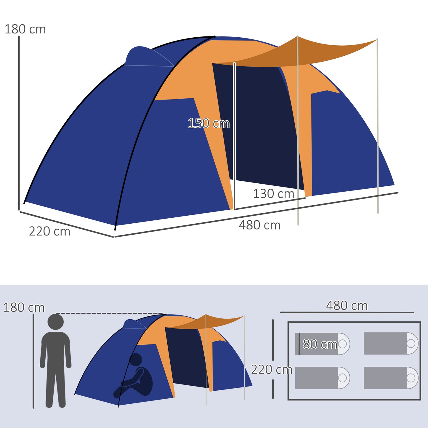Camping Tent with 2 Bedroom, Living Area and Porch