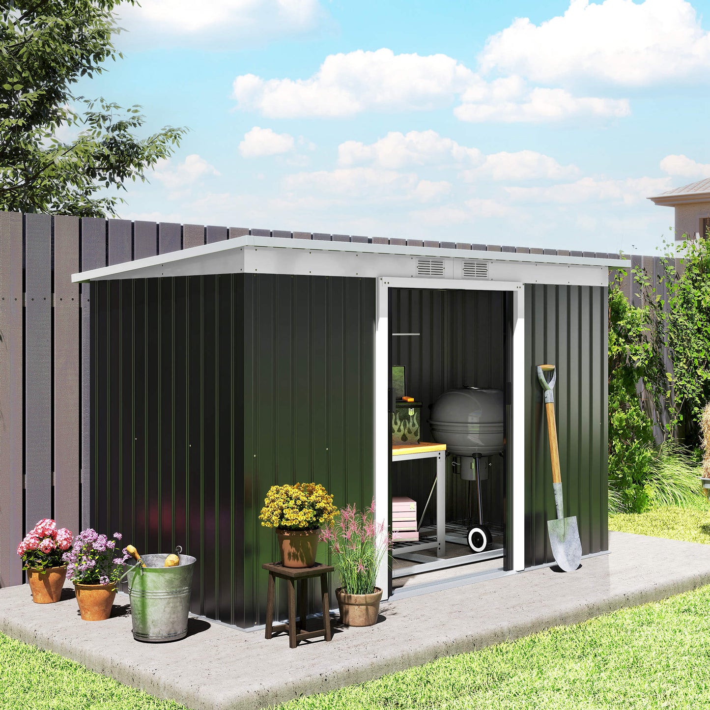 9ft x 4ft Metal Garden Shed, Outdoor Tool House with Foundation Kit