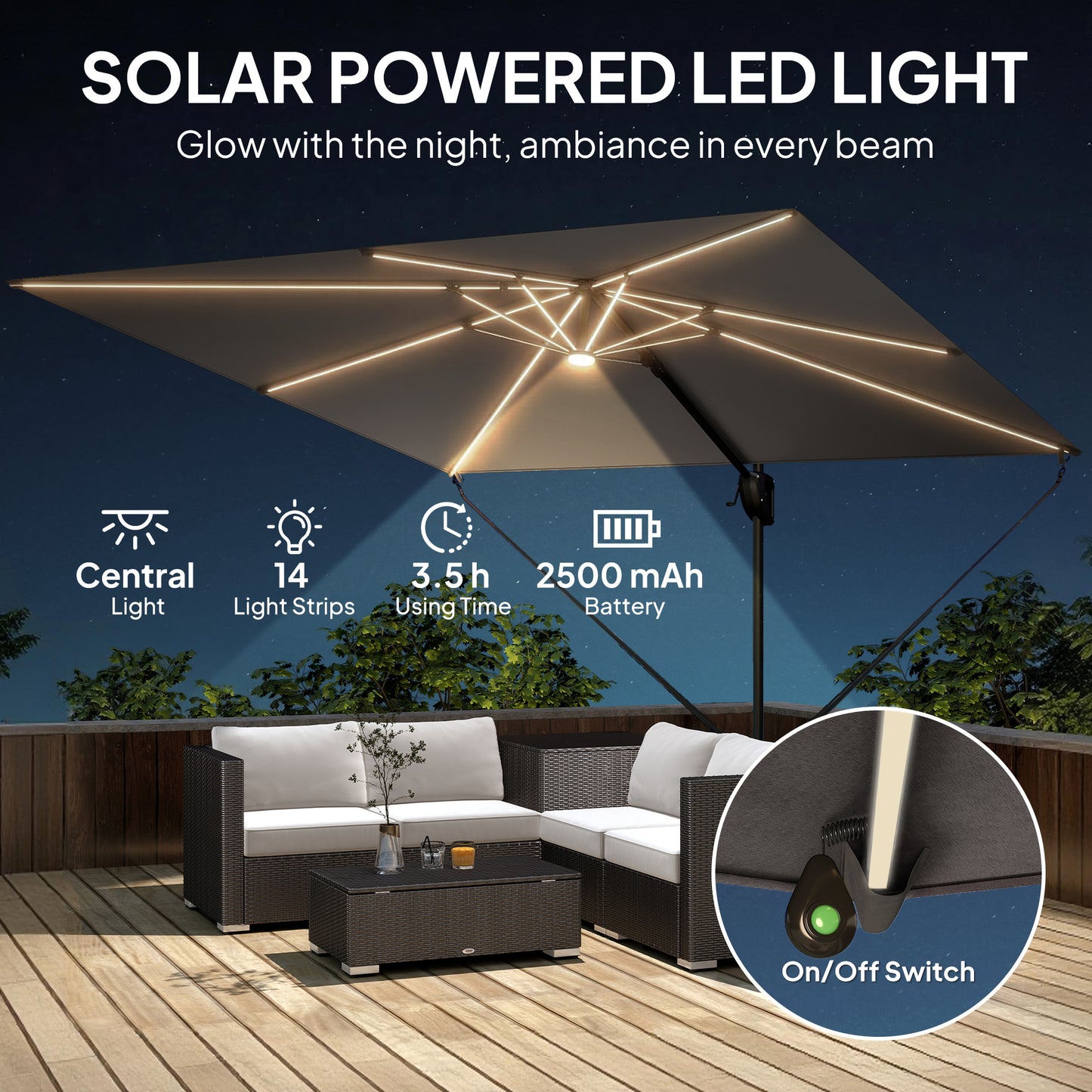 3 x 3 m Garden Cantilever Parasol w/ Light, Cover