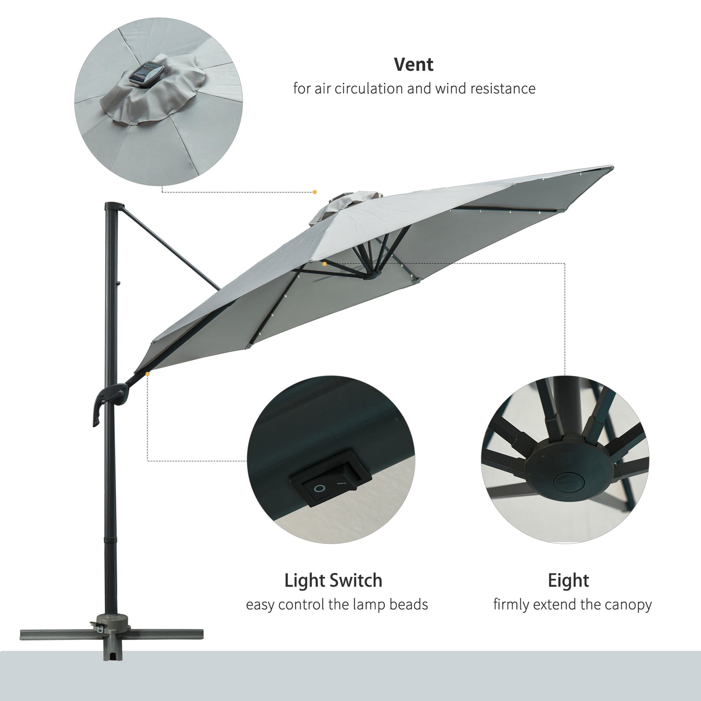 3(m) LED Cantilever Parasol Garden Sun Umbrella w/ Cross Base