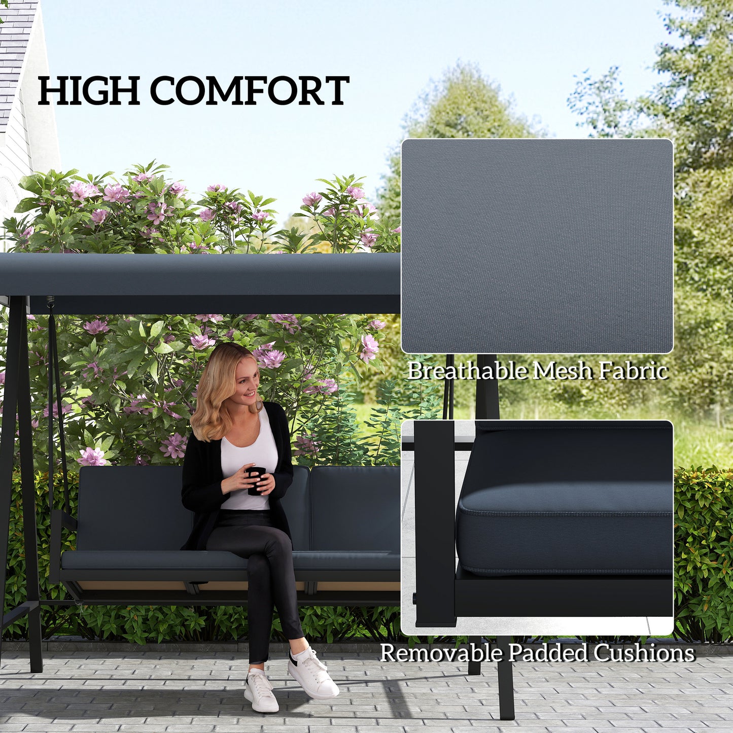 Three-Seat Garden Swing Chair, with Adjustable Canopy