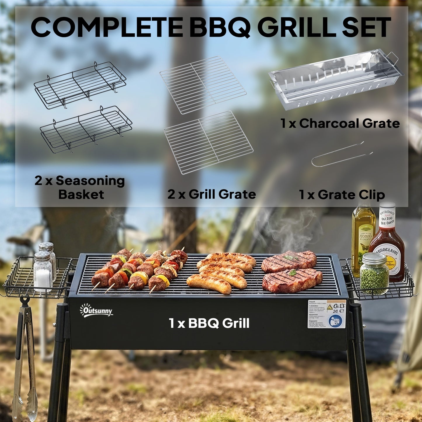 Portable Charcoal BBQ Grill with Seasoning Baskets