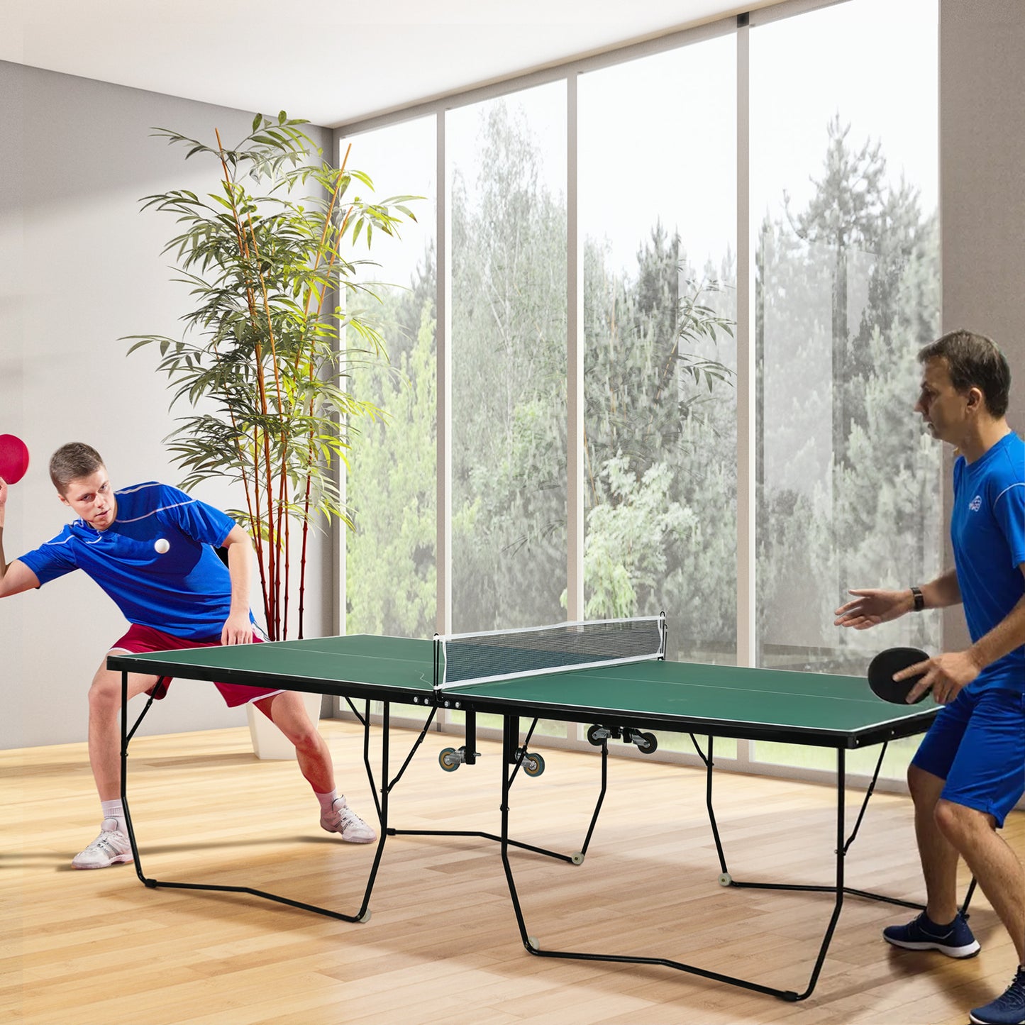 9FT Folding Tennis Table, with 8 Wheels, for Indoor Use