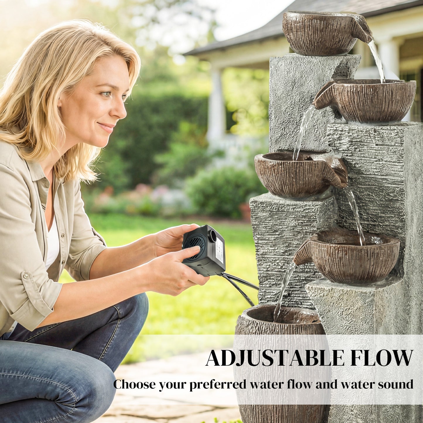 Outdoor Fountain with 5-Tier, Garden Fountain with LED Lights