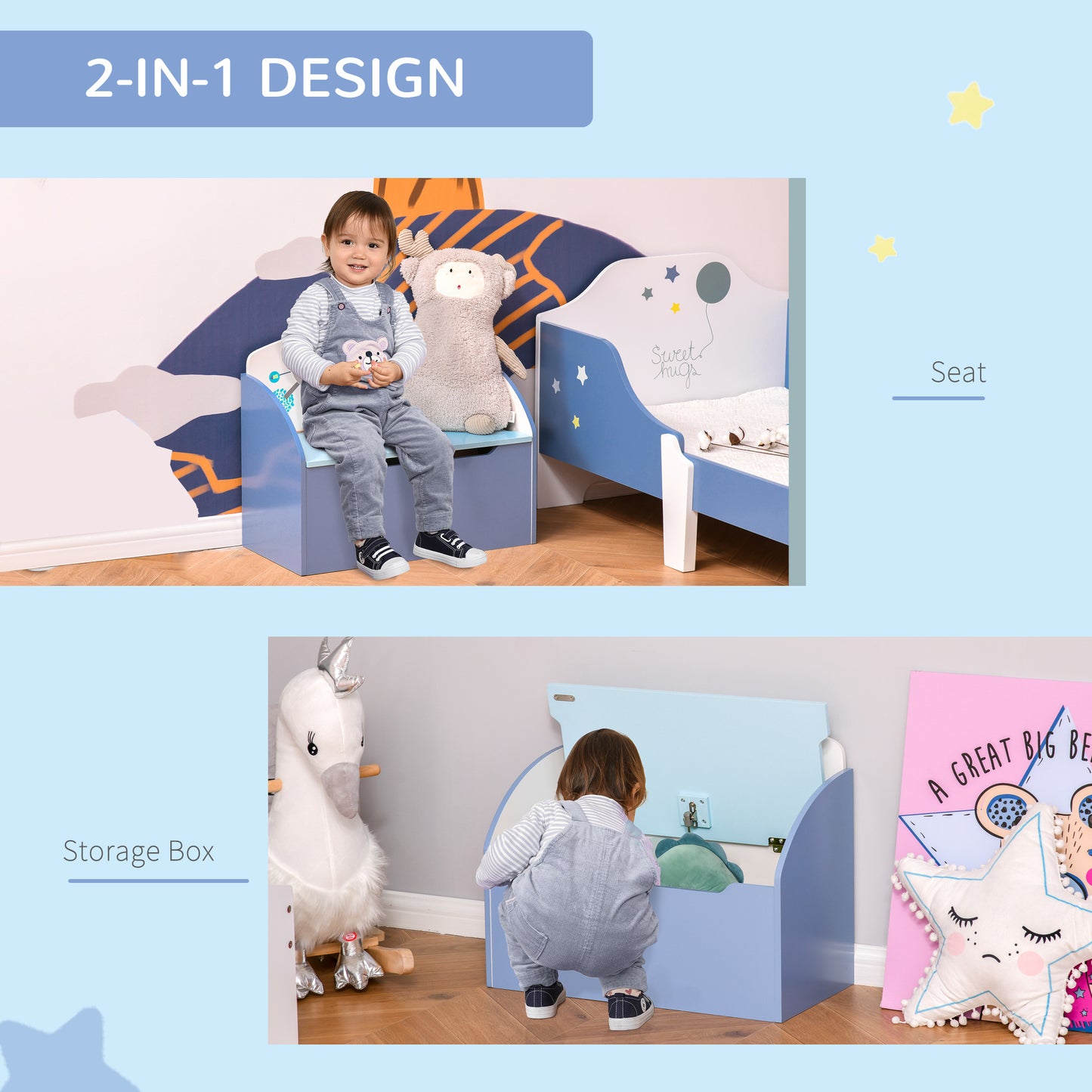 Kids Wooden Toy Box Children Storage Chest Bench Organiser Safety