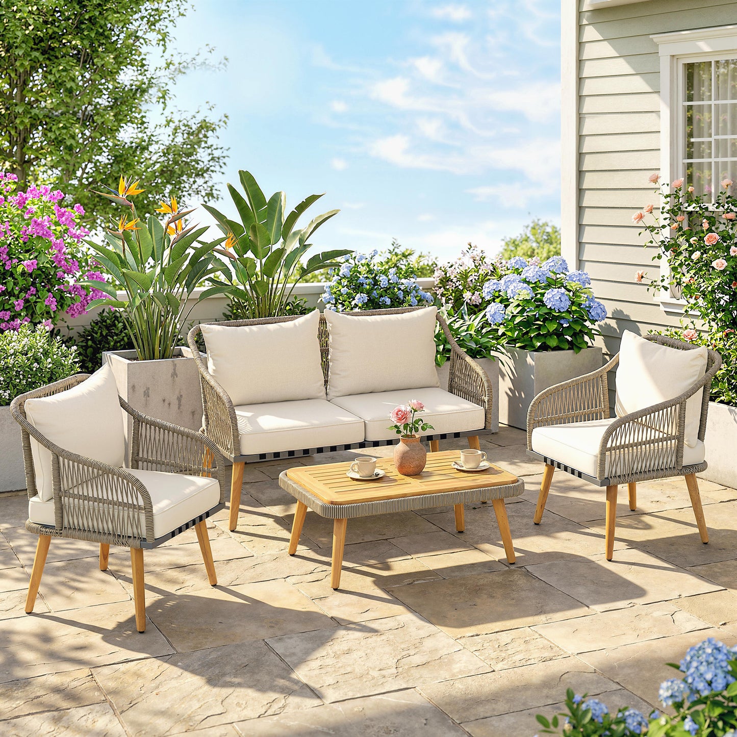 4 Piece Rattan Garden Furniture Set with Loveseat, Armchairs