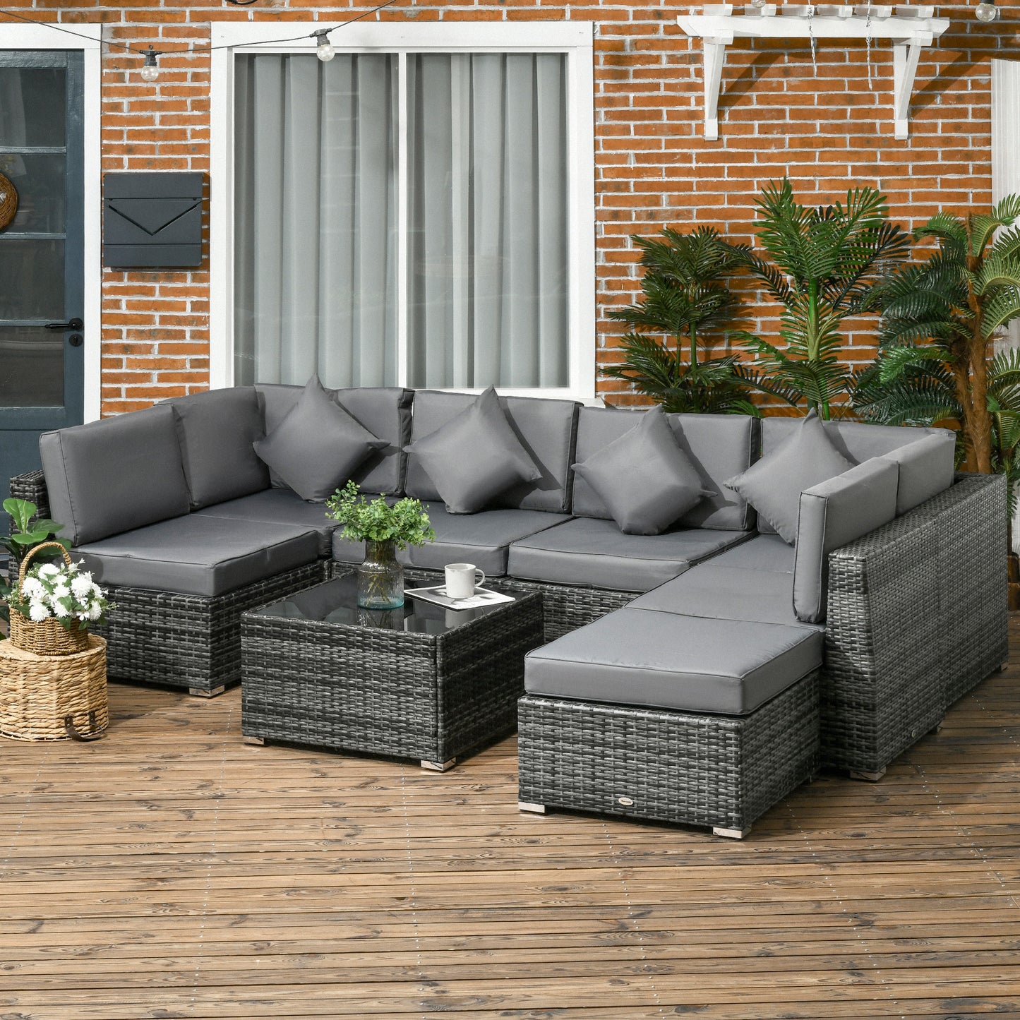 8 Pieces PE Rattan Corner Sofa Set, Outdoor Garden Furniture Set