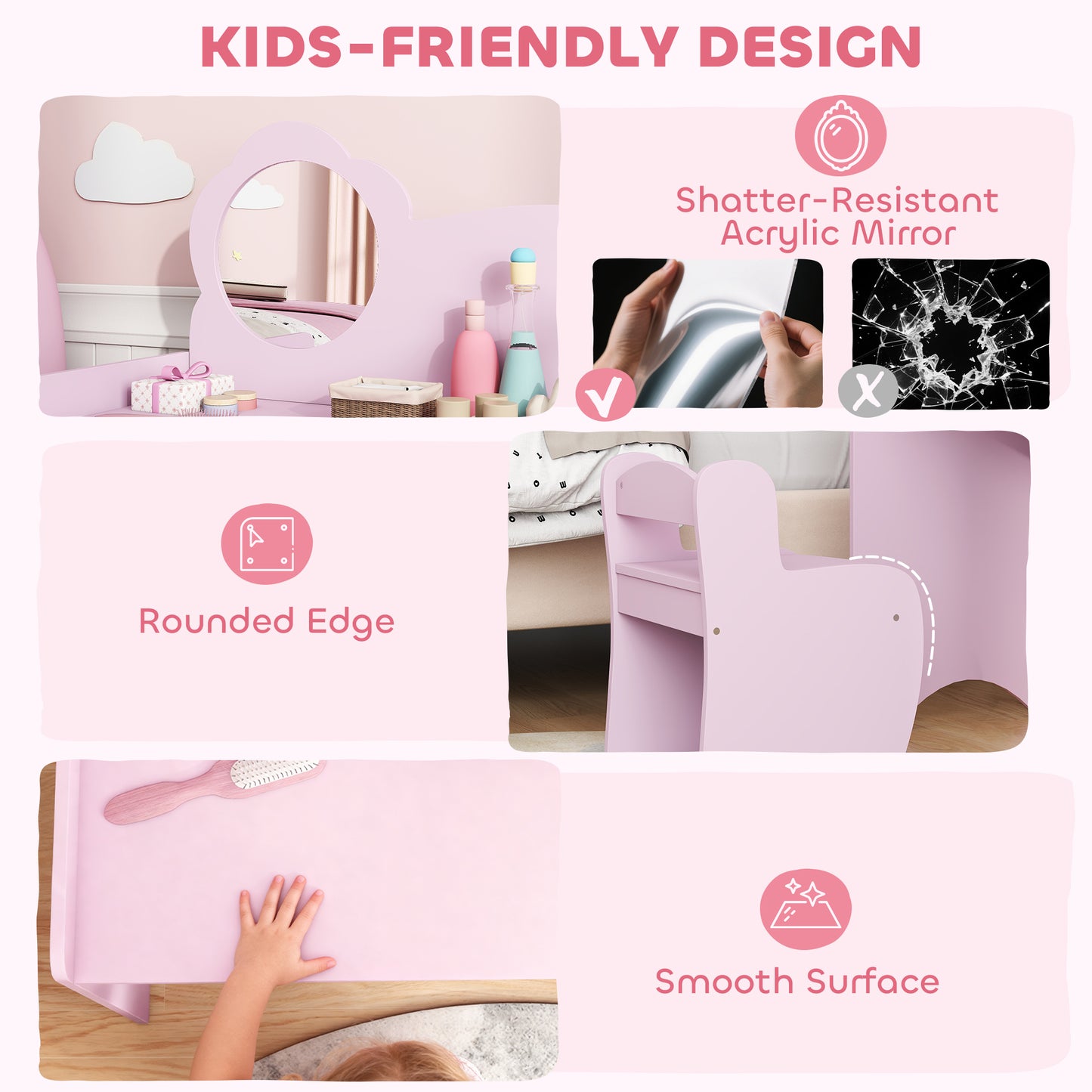 Kids Dressing Table with Mirror, Stool
