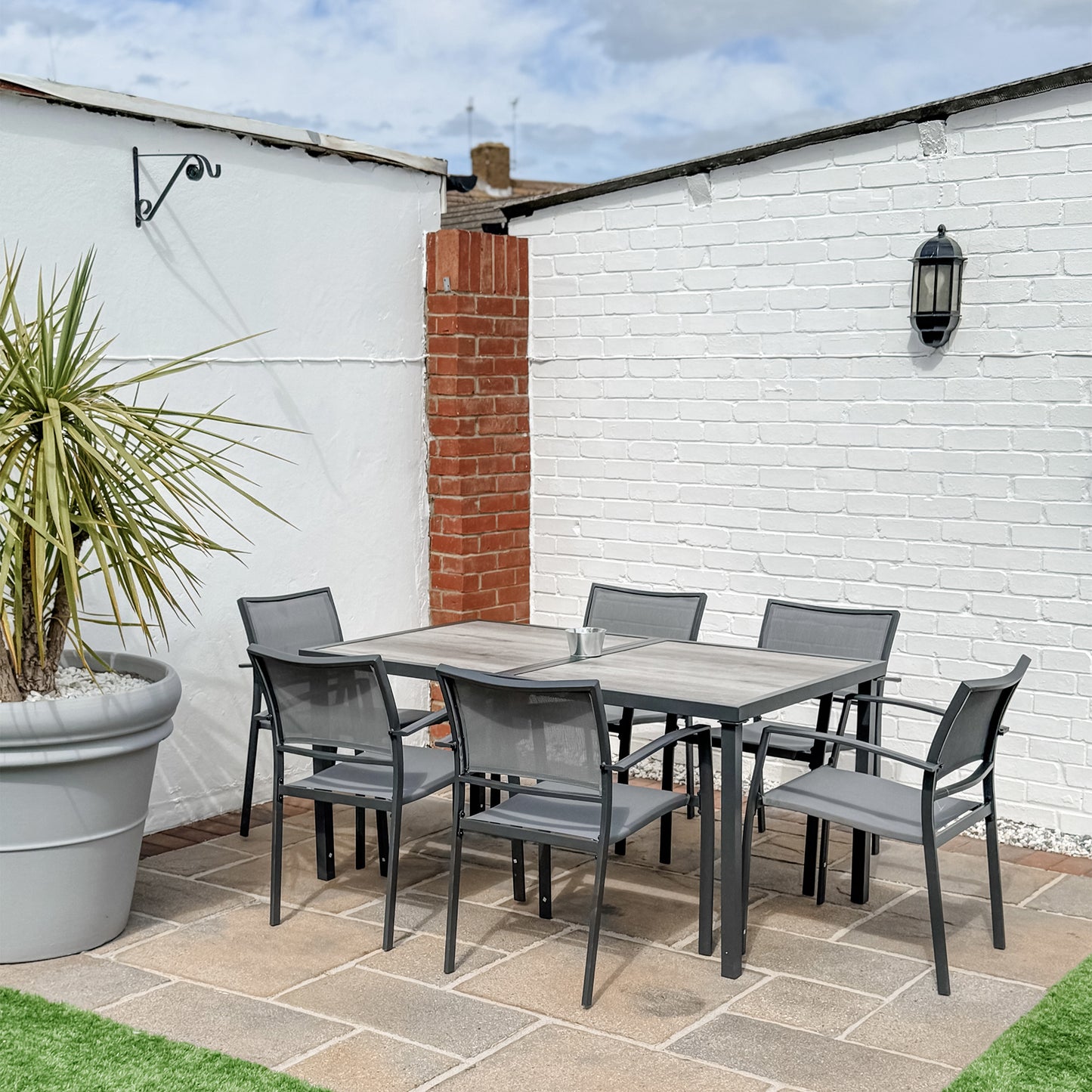 Seven-Piece Casual Outdoor Dining Set, with Wood-Effect Table