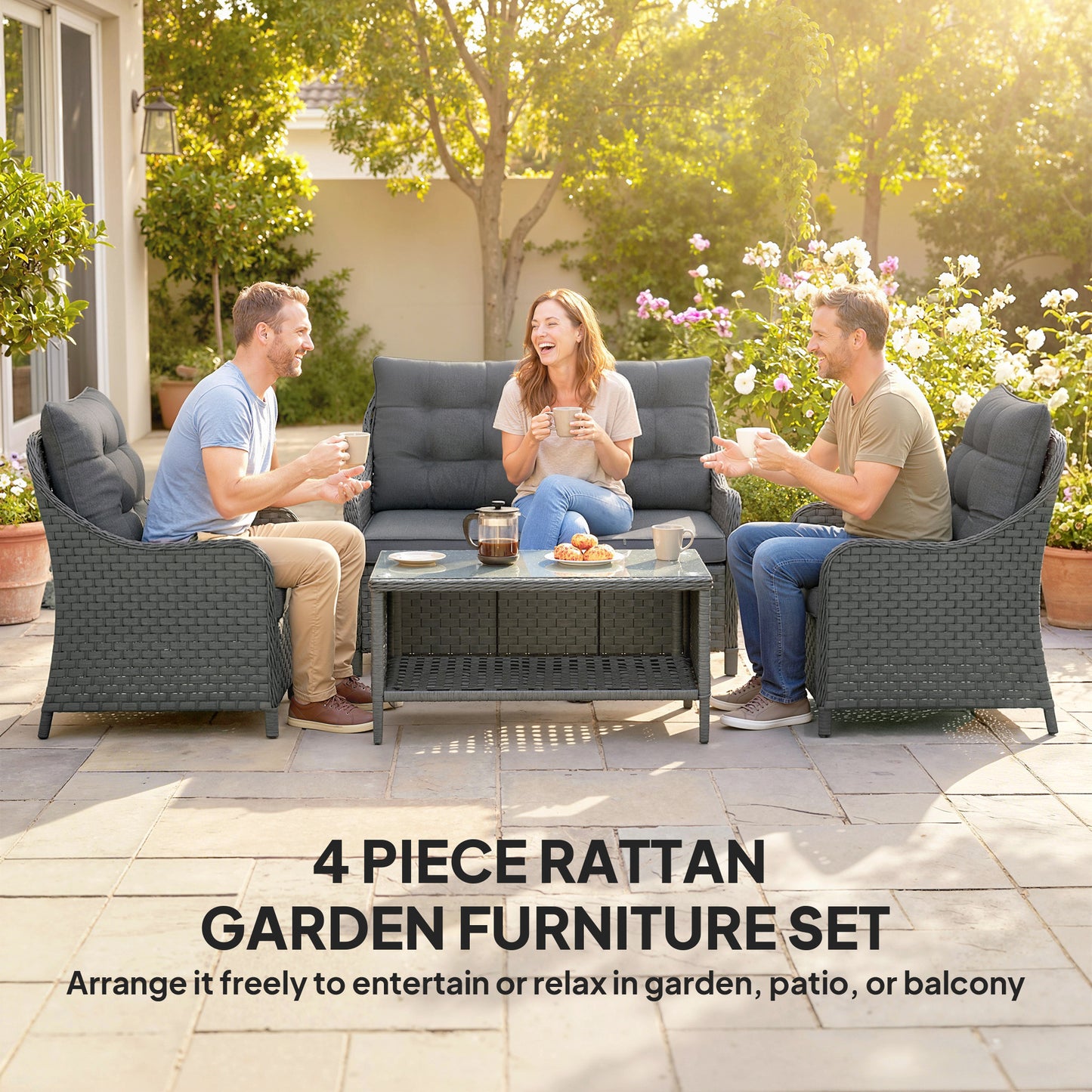 4-Piece Wicker Patio Furniture Set with 2 Armchairs, Loveseat