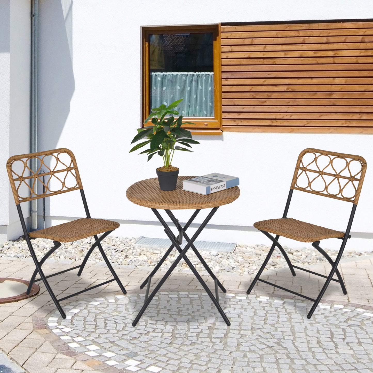 2 Seater Foldable Rattan Wicker Bistro Set, Coffee Table and Chairs