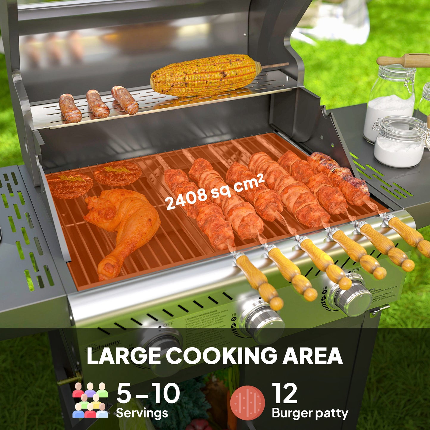 7.5kW Three-Burner Gas BBQ Grill, with See-Through Lid