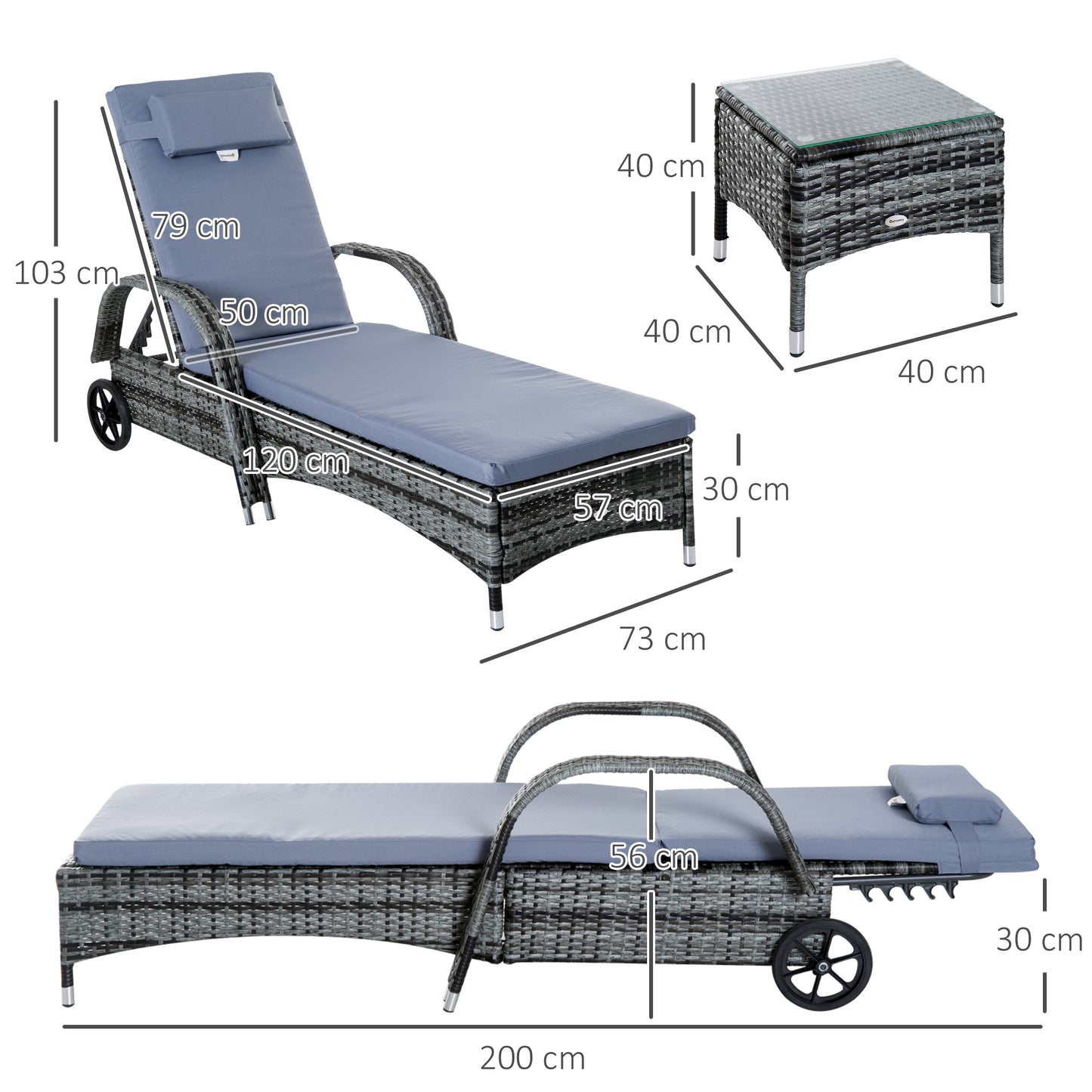 3 Pieces Rattan Sun Loungers, Garden Wicker Wheeling Recliner
