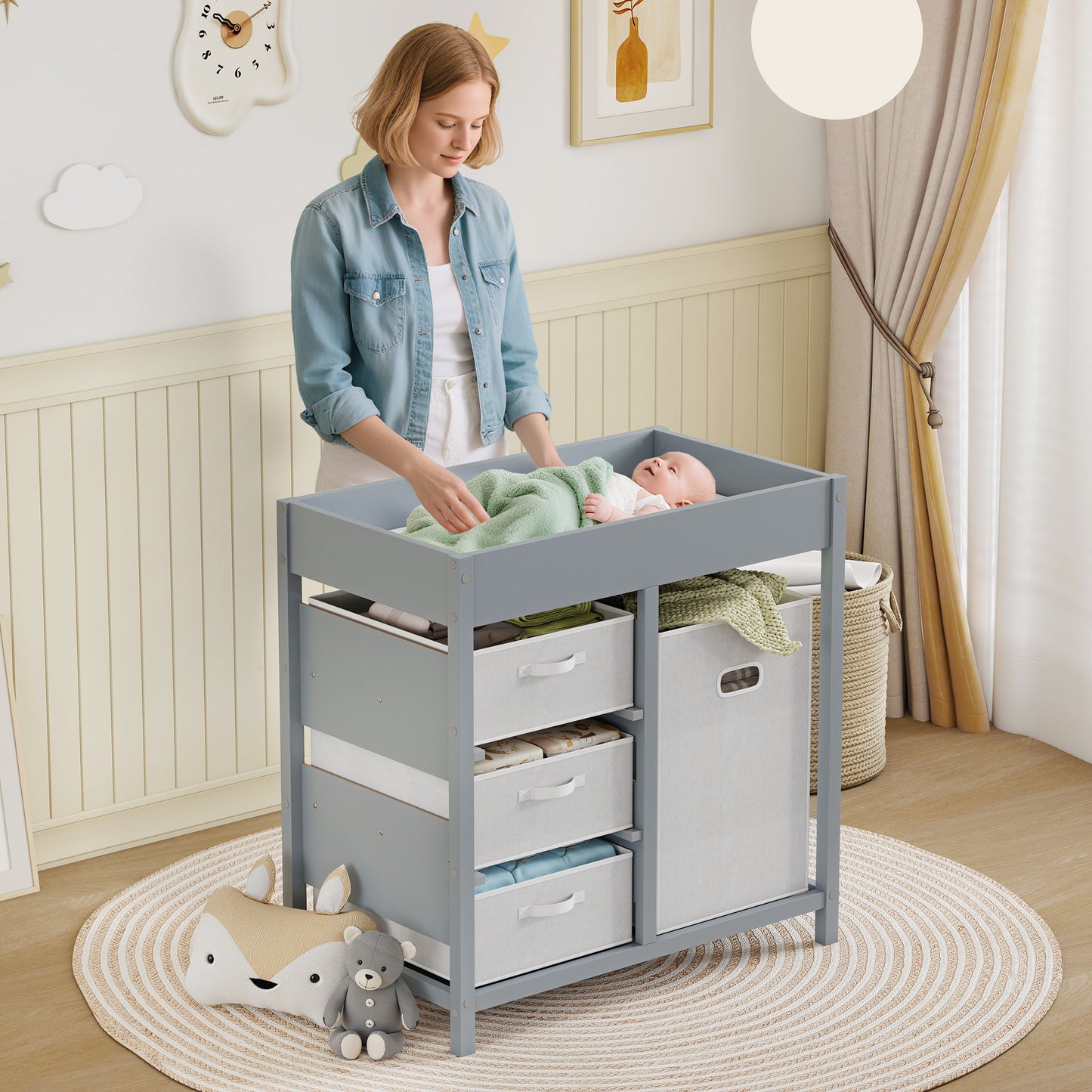 Baby Changing Unit with 4 Storage Drawers, Mat for Bedroom Nursery