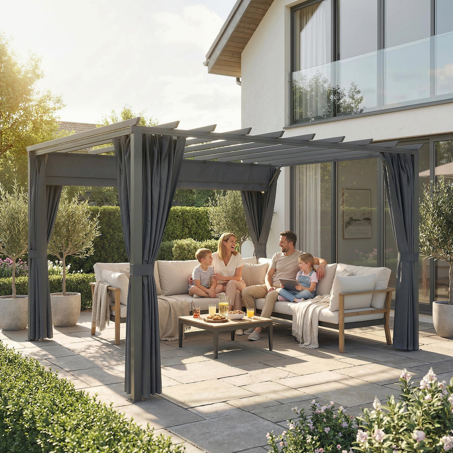 3.6 x 3 m Pergola with Retractable Roof Canopy, Curtains