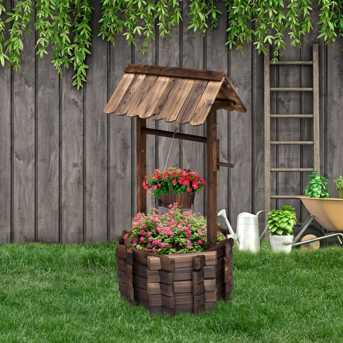 Wooden Wishing Well Planter Outdoor Flower Pot Backyard Garden