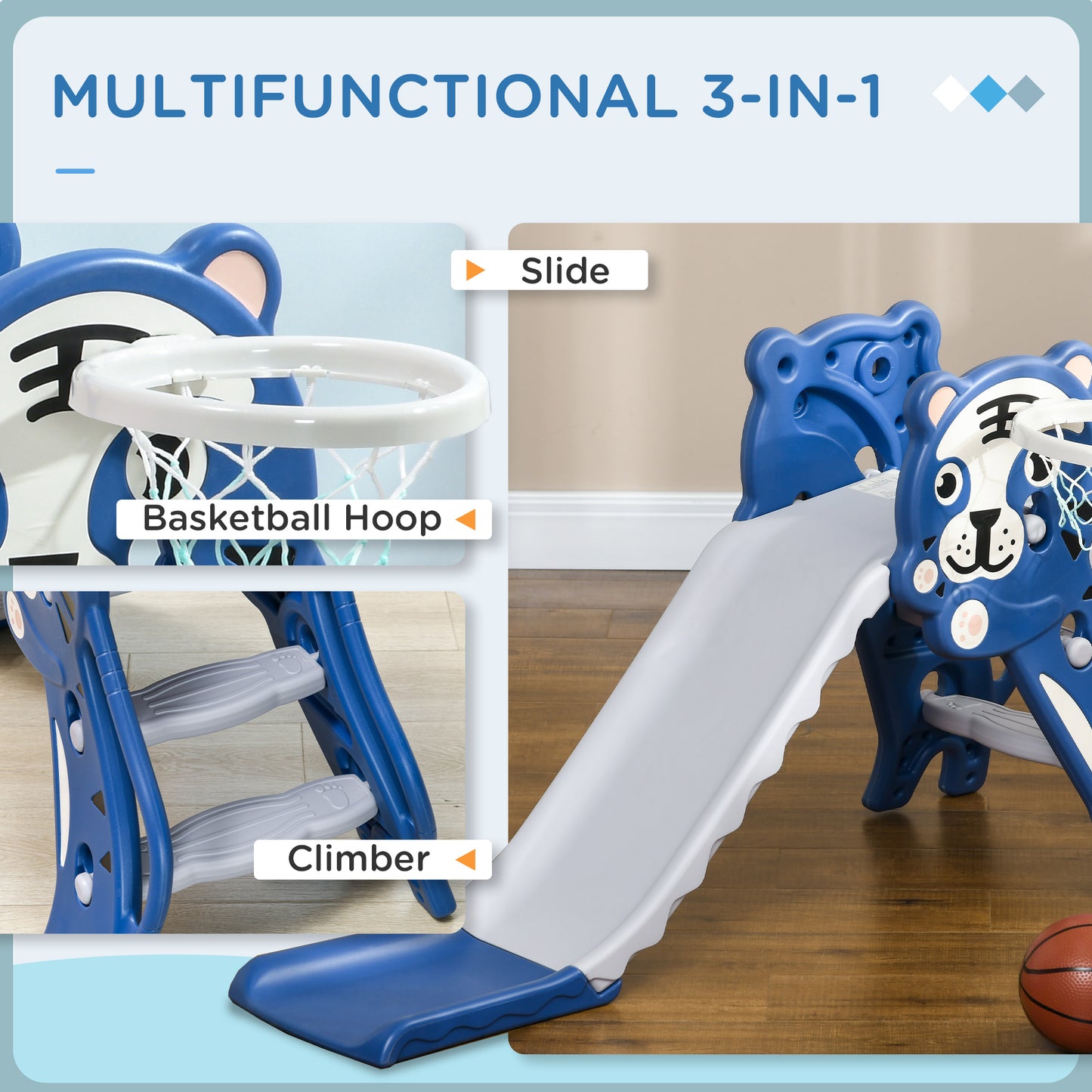 3 in 1 Baby Slide for Indoor Use with Climber, Basketball Hoop