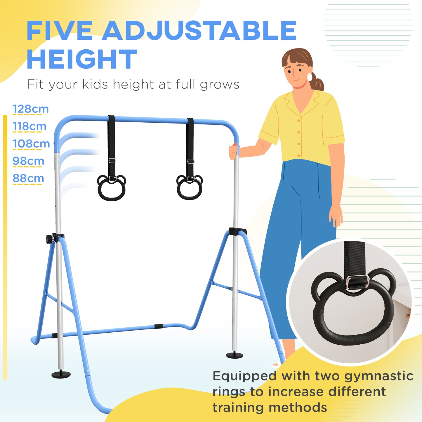 Adjustable Height, Foldable Kids Gymnastics Bar w/ Non-slip Rubber