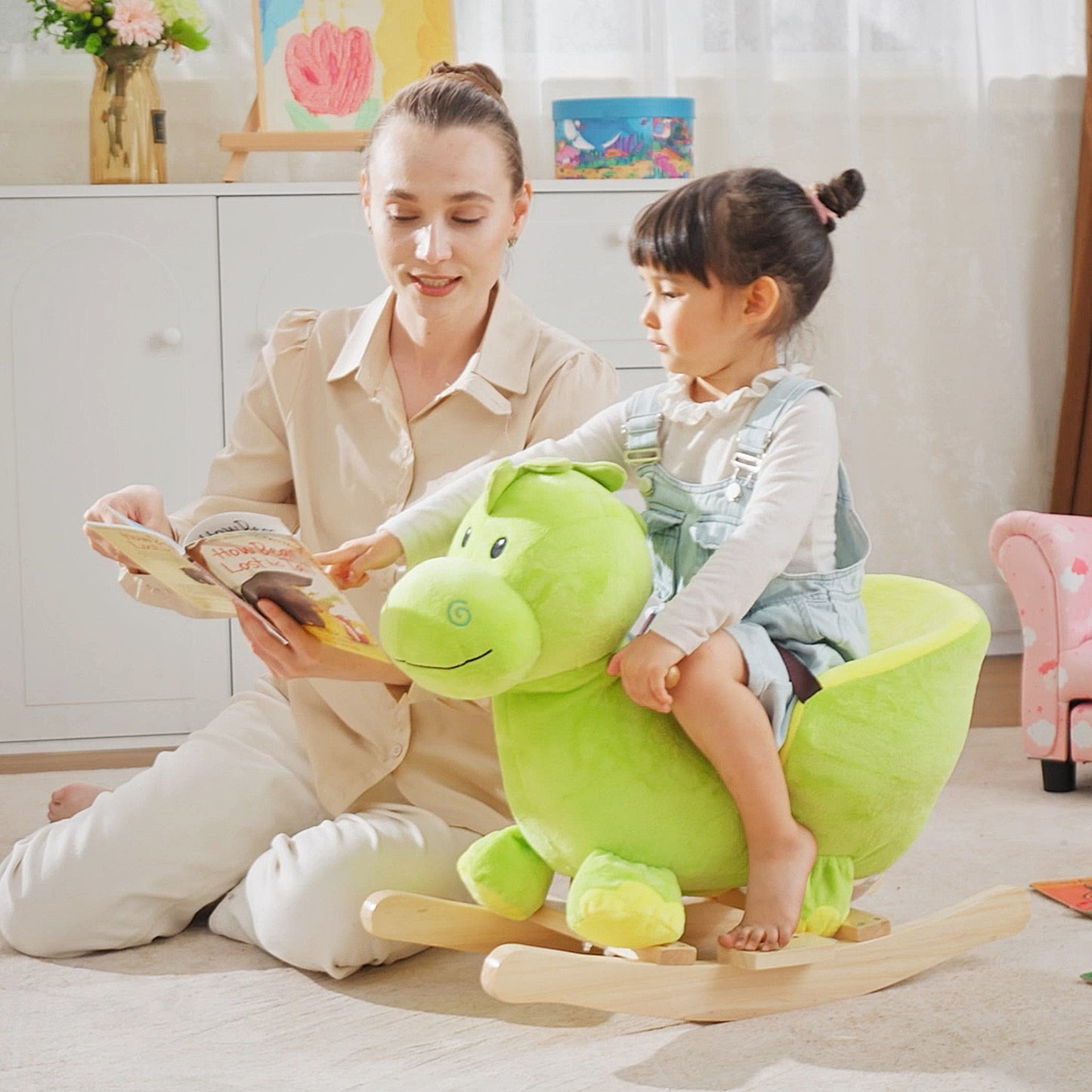 Kids Rocking Horse, Plush Ride-On Dinosaur Seat, with Seat Seat Belt