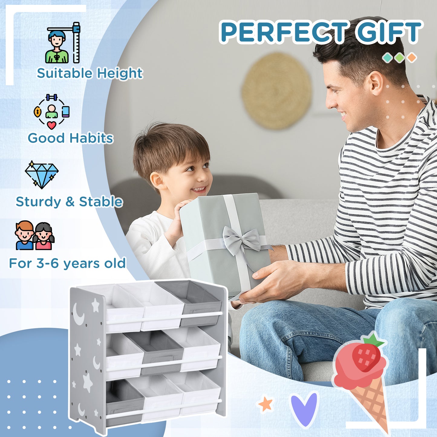 Kids Storage Rack, with Nine Removable Baskets, for Nursery, Bedroom