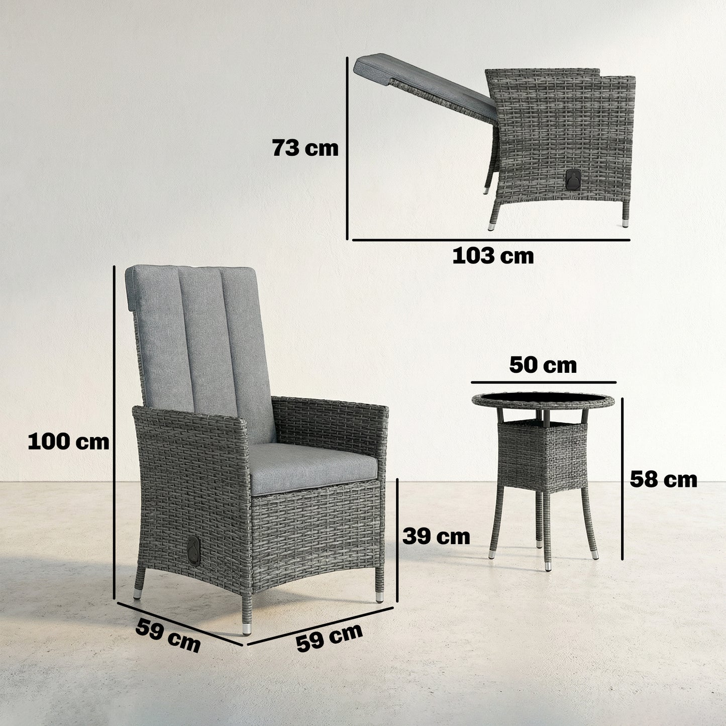 Rattan Bistro Set, Reclining Garden Chairs and Glass Coffee Table