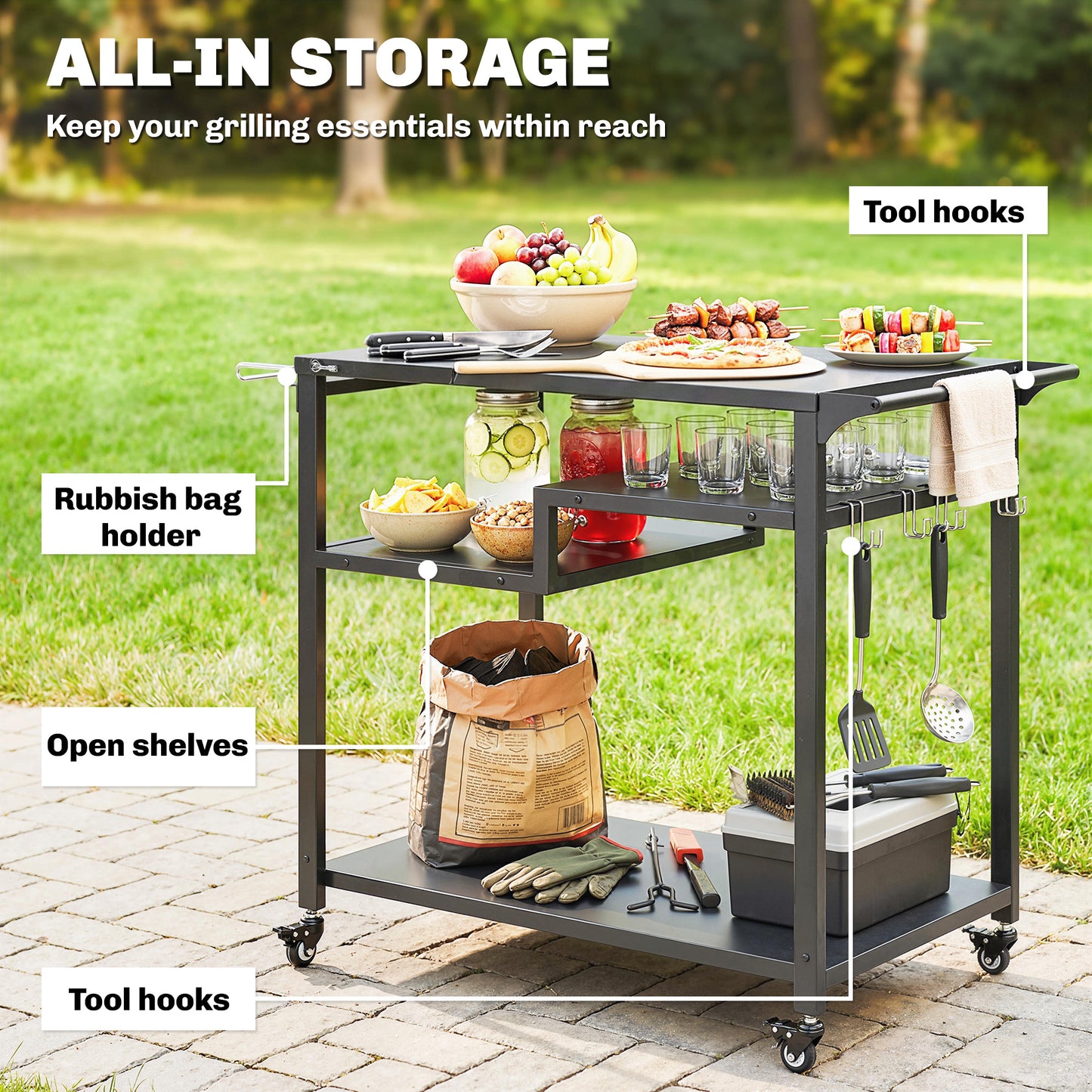 Outdoor Grill Cart, Three-Tier Pizza Oven Stand  with Steel Tabletop