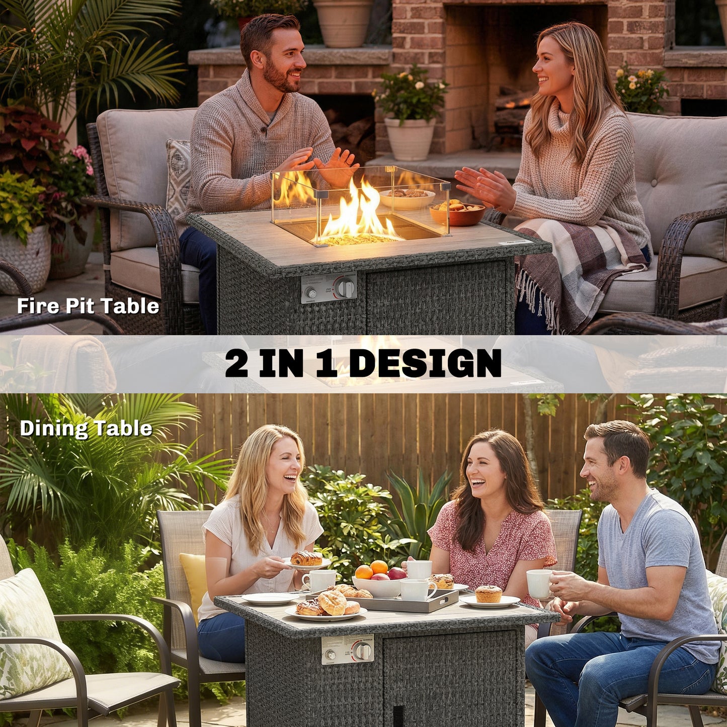 14.5 KW Rattan Gas Fire Pit Dining Table with Rain Cover, Wind Guard