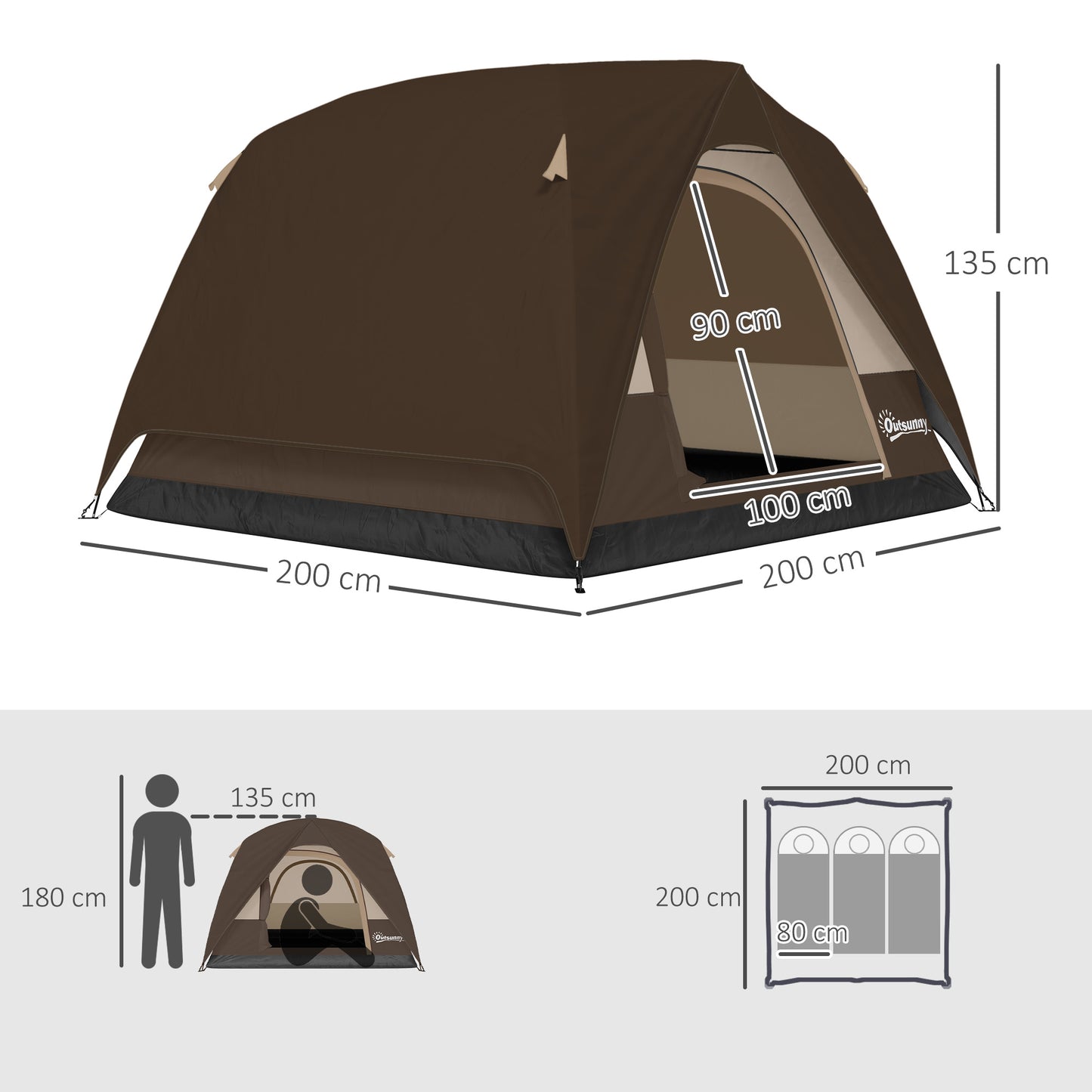 3-4 Person Camping Tent, Easy Set Up 3-4 Man Tent w/ Sewn-in