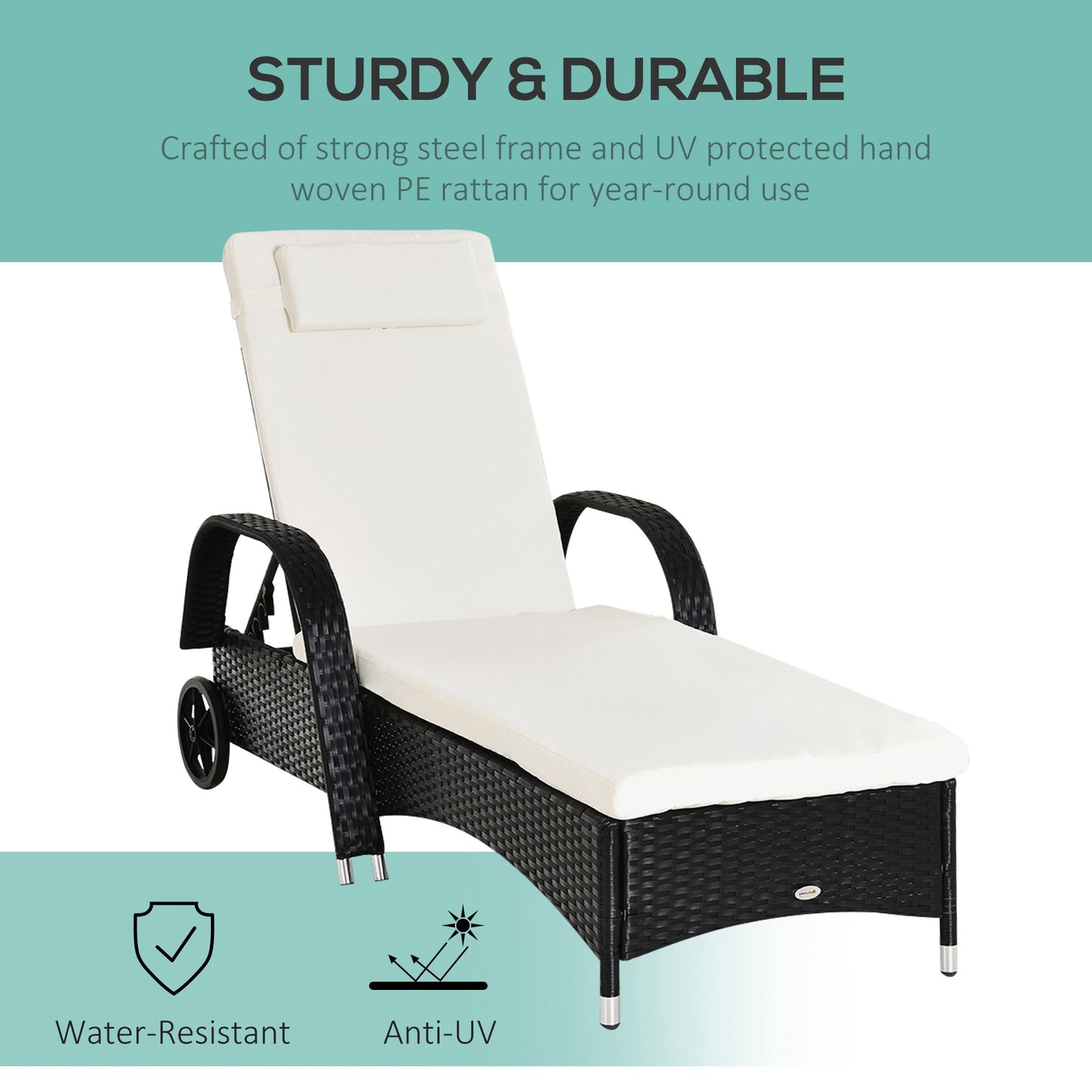 Rattan Sun Lounger, Garden Lounger Recliner with Wheels