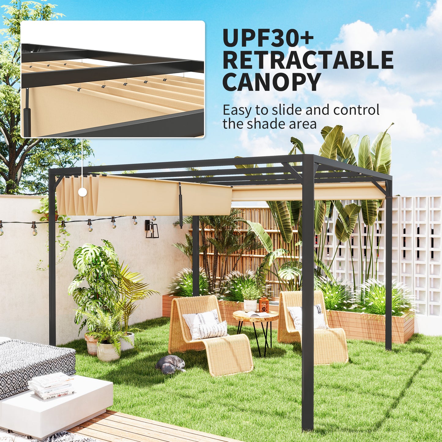 3 x 3m Aluminium Pergola, with Retractable Roof and Wall